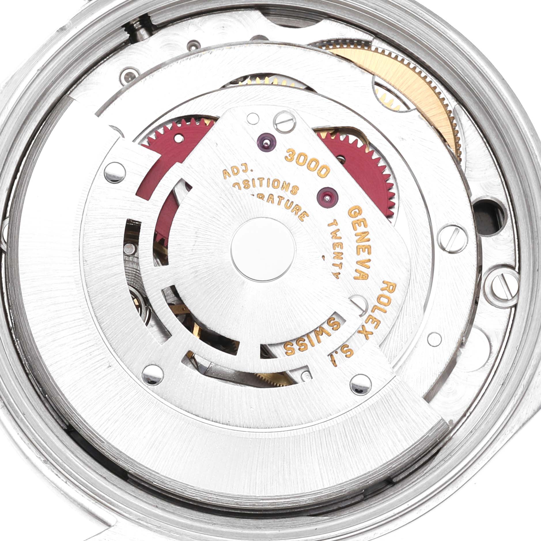 This image shows the exposed movement mechanism of the Rolex Air-King 14000 Men's Stainless Steel Black Dial 14000 Men's Stainless Steel Black Dial watch model at a close-up angle.