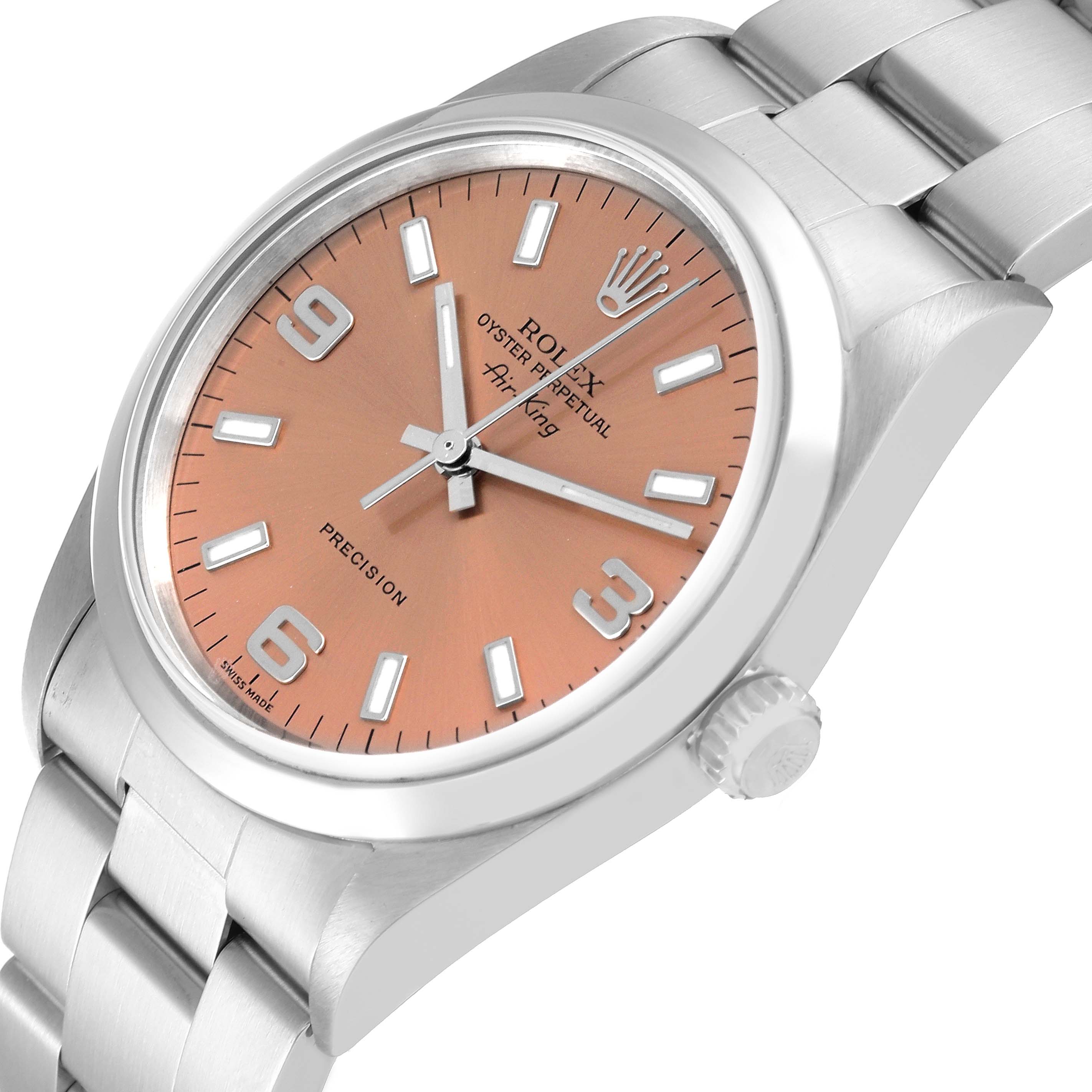 This Rolex Air-King 14000 Men's Stainless Steel Pink Dial 14000 Men's Stainless Steel Pink Dial watch is shown at an angled close-up view, highlighting its dial, crown, and part of the bracelet.