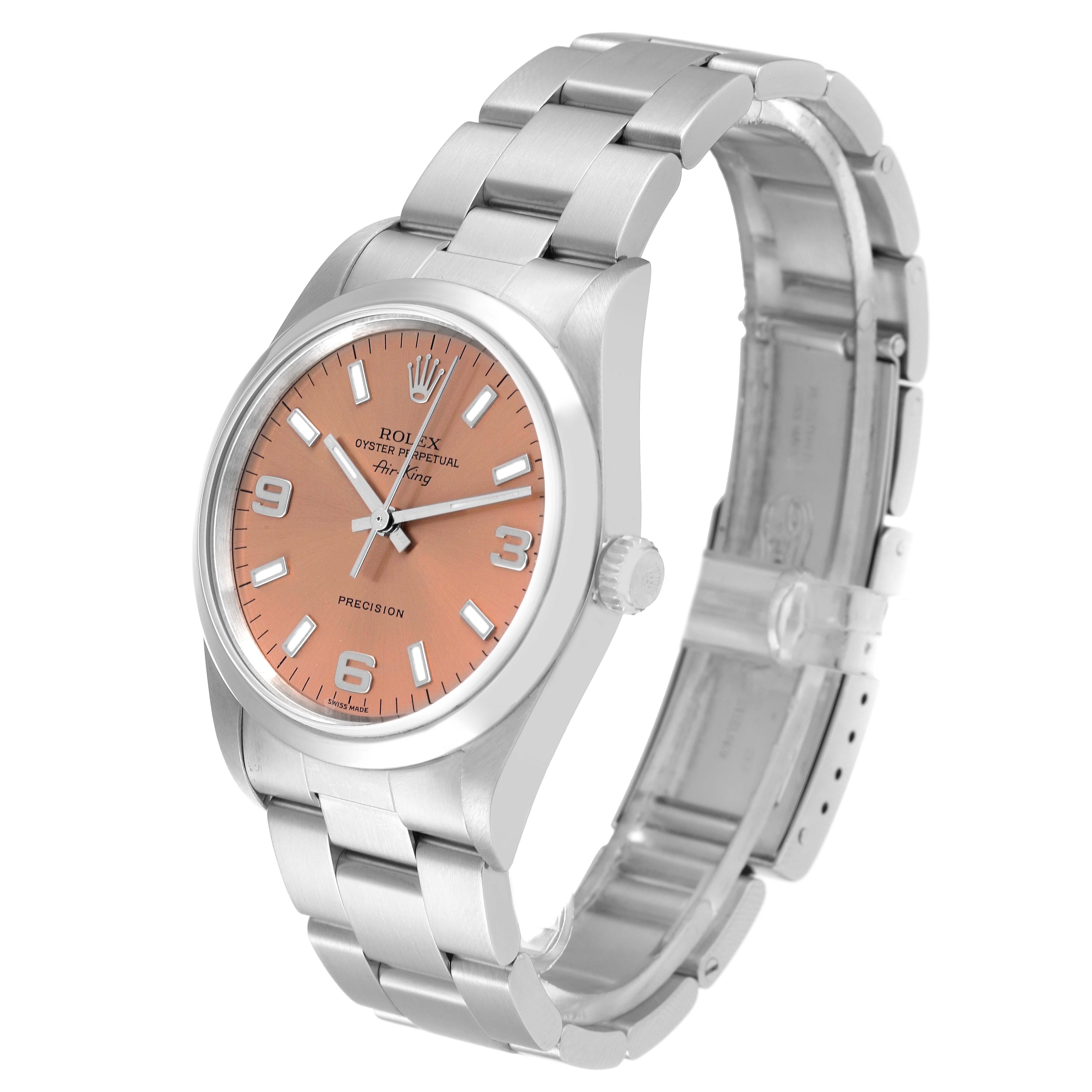 This image shows a side angle of a Rolex Air-King 14000 Men's Stainless Steel Pink Dial 14000 Men's Stainless Steel Pink Dial watch, highlighting the dial, case, crown, and bracelet.