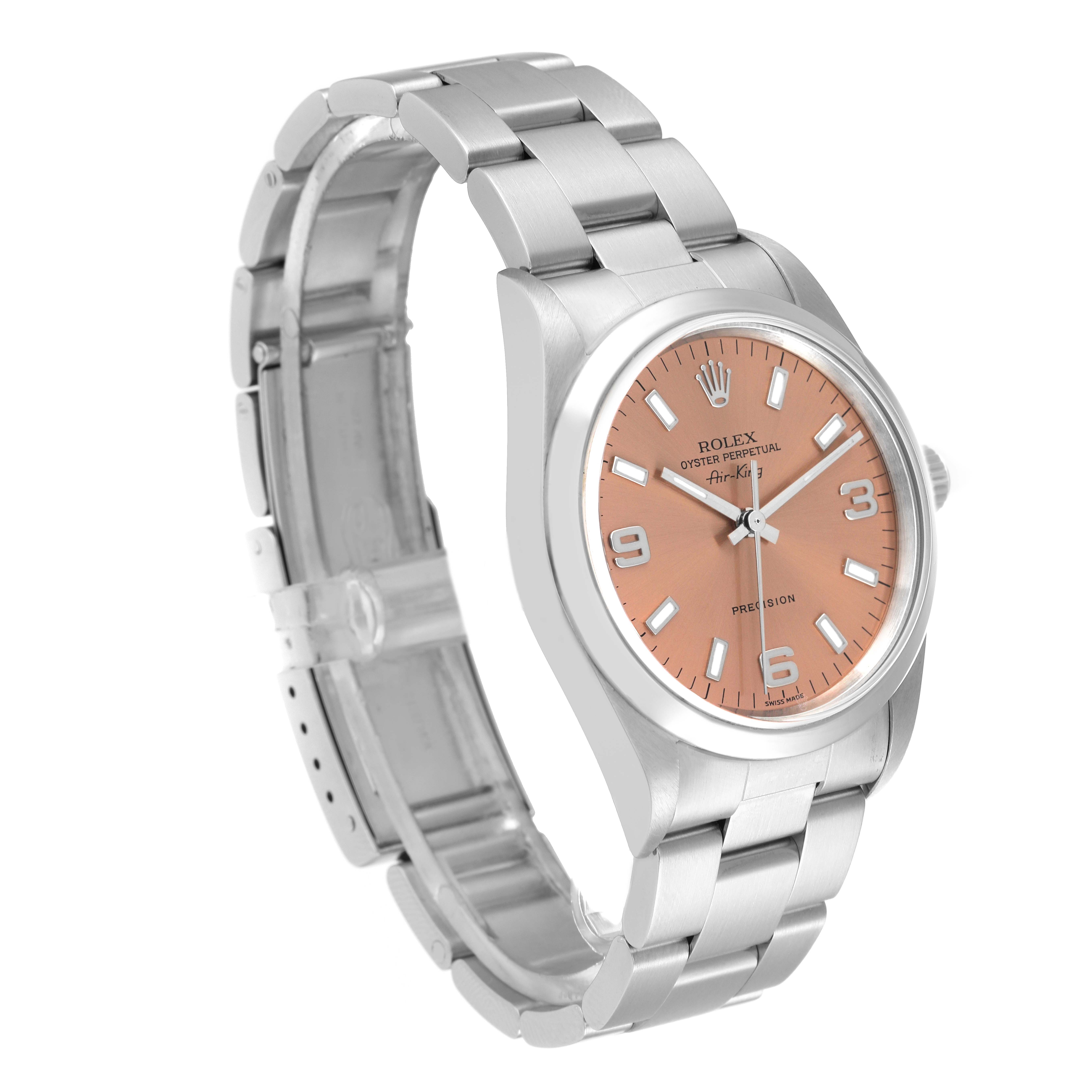 The Rolex Air-King 14000 Men's Stainless Steel Pink Dial 14000 Men's Stainless Steel Pink Dial watch is shown at a three-quarter angle, displaying its face, bezel, and stainless steel bracelet.