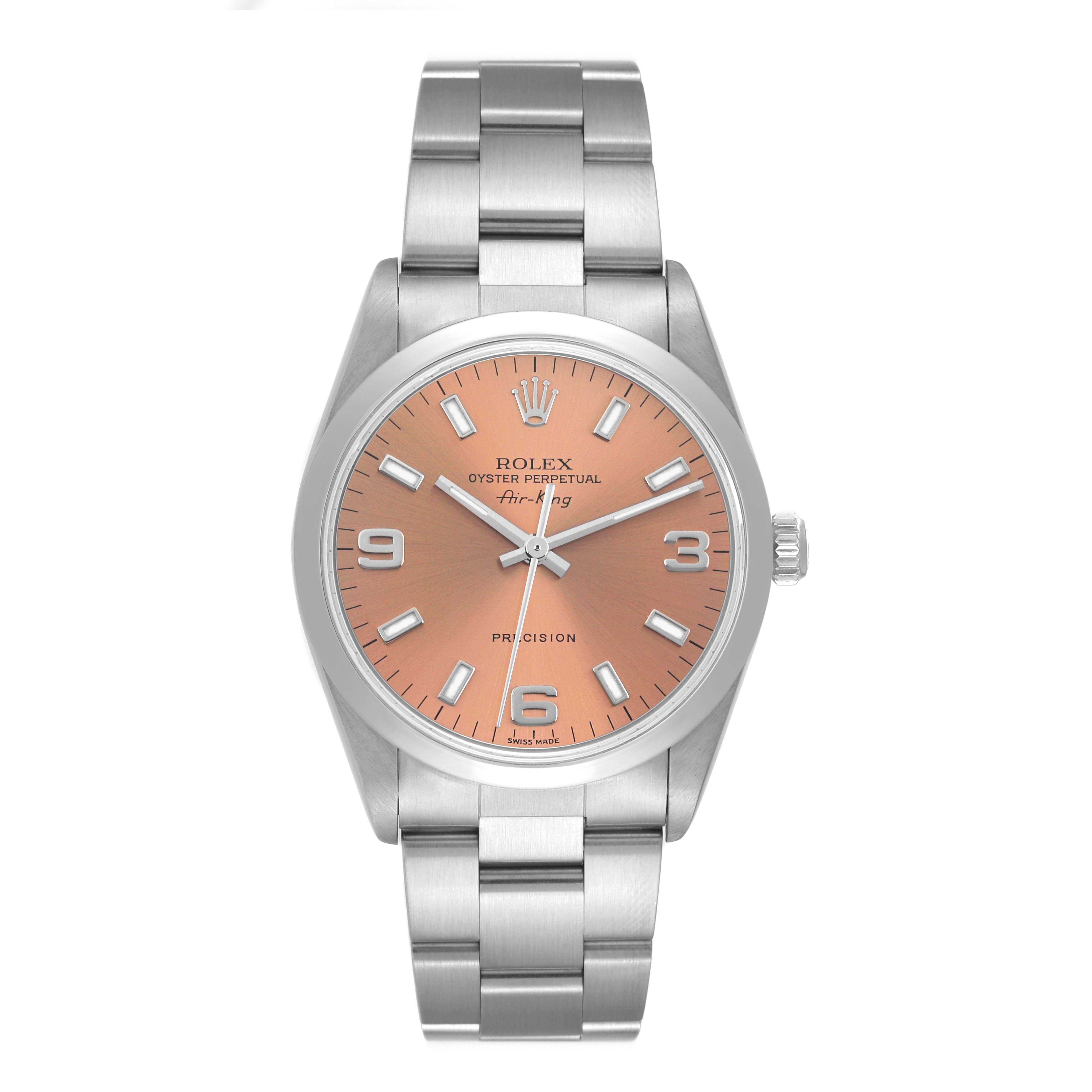 The Rolex Air-King 14000 Men's Stainless Steel Pink Dial 14000 Men's Stainless Steel Pink Dial watch is shown from the front, displaying its dial, case, and bracelet.