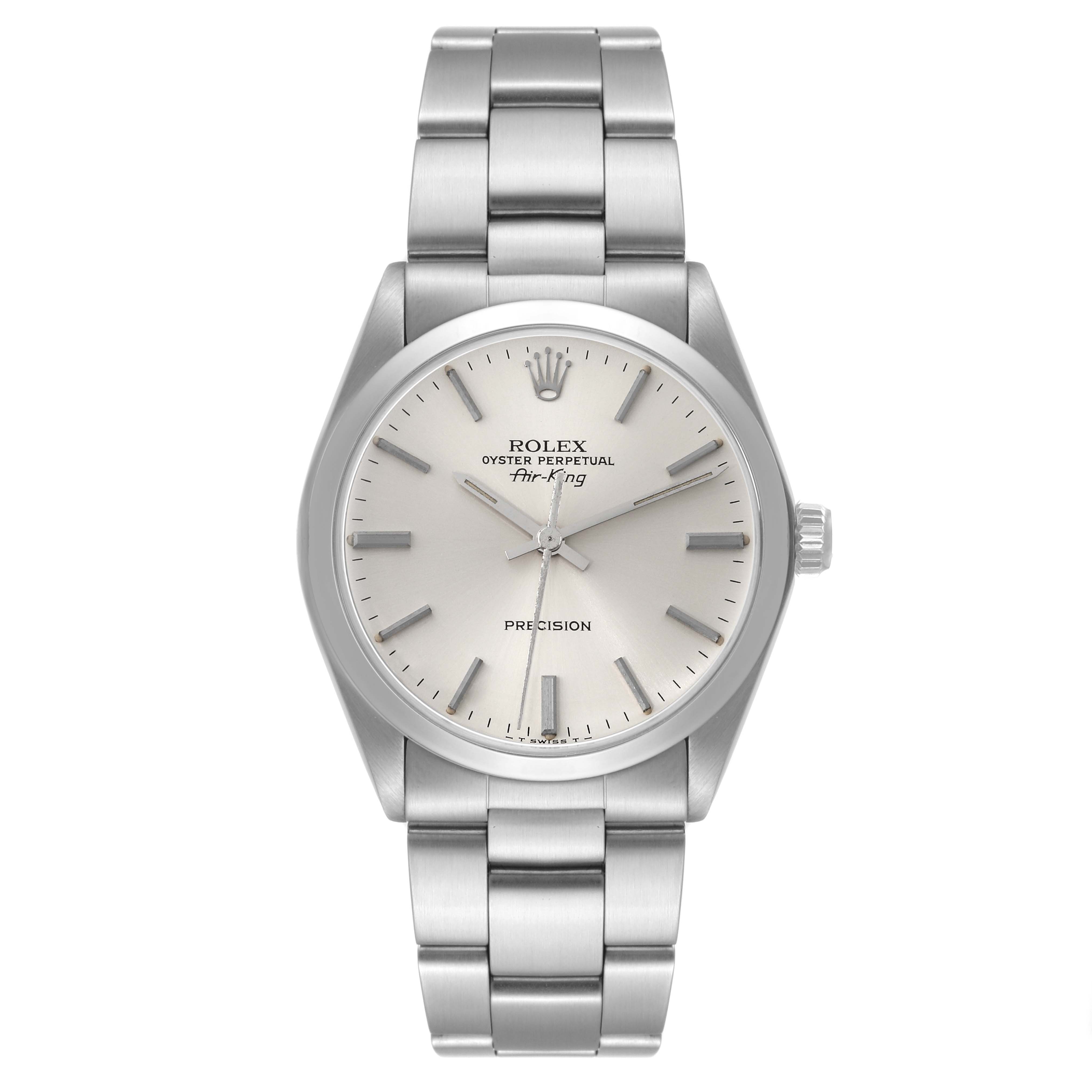 This is a front view of the Rolex Air-King 5500 Men's Stainless Steel Silver Dial 5500 Men's Stainless Steel Silver Dial watch, showcasing its face, dial, and metal bracelet.
