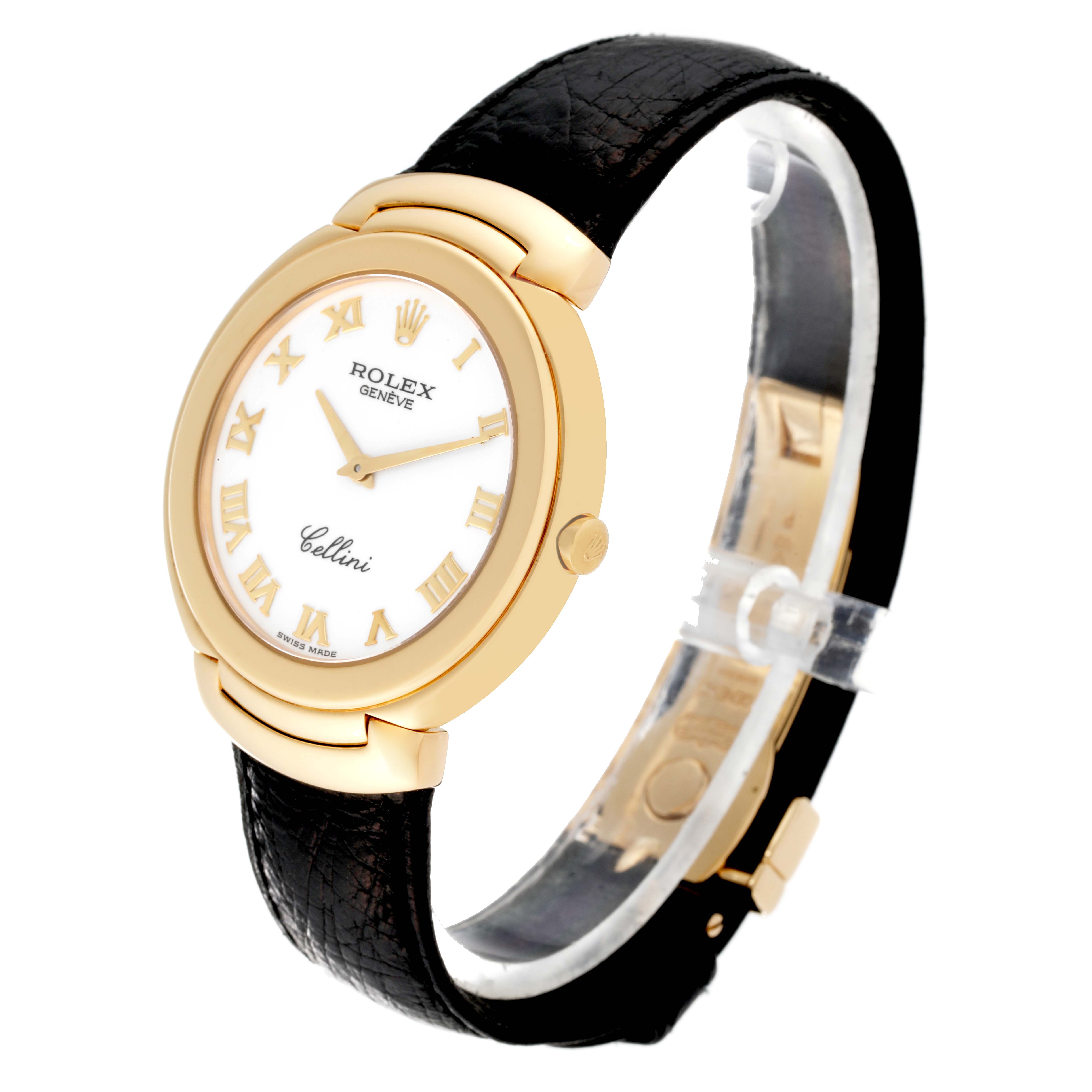 The Rolex Cellini 6623 Men's Yellow Gold White Dial 6623 Men's Yellow Gold White Dial model watch is shown from a slight side angle, displaying its face, case, crown, and leather strap.