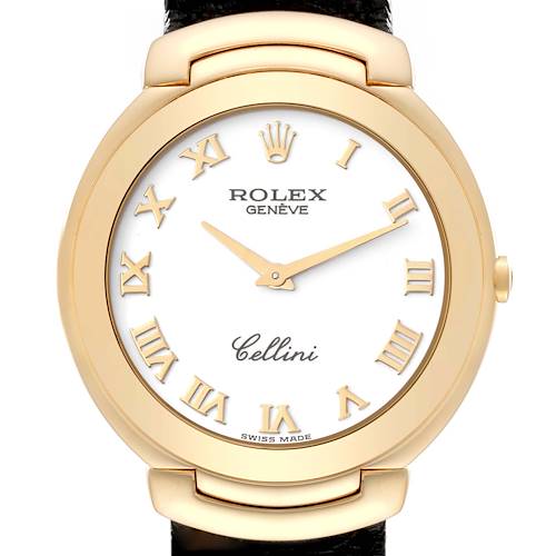 Photo of Rolex Cellini 18k Yellow Gold White Dial Black Strap Mens Watch 6623