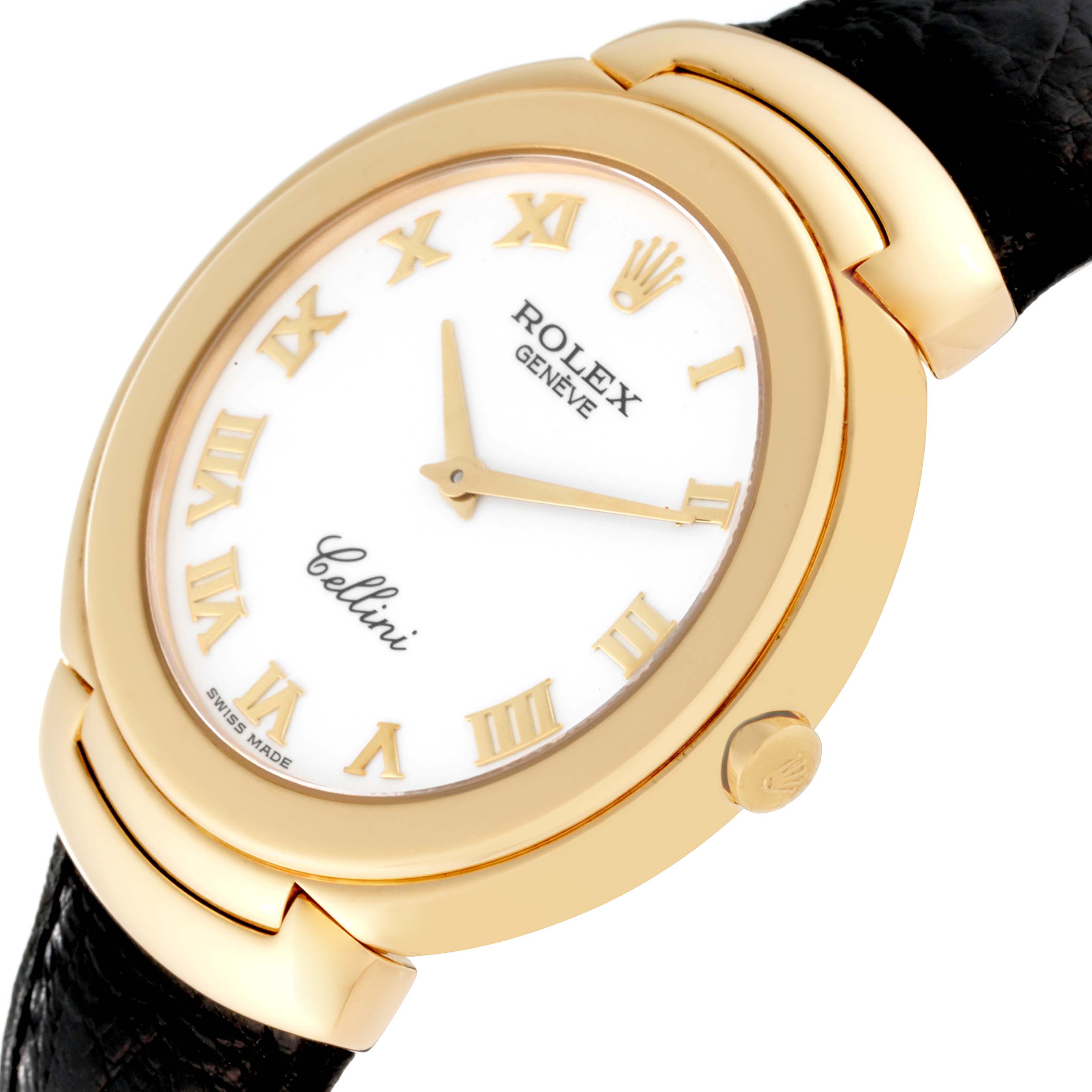 The image shows a close-up angle of the Rolex Cellini 6623 Men's Yellow Gold White Dial 6623 Men's Yellow Gold White Dial watch, highlighting the dial, hands, crown, and part of the leather strap.