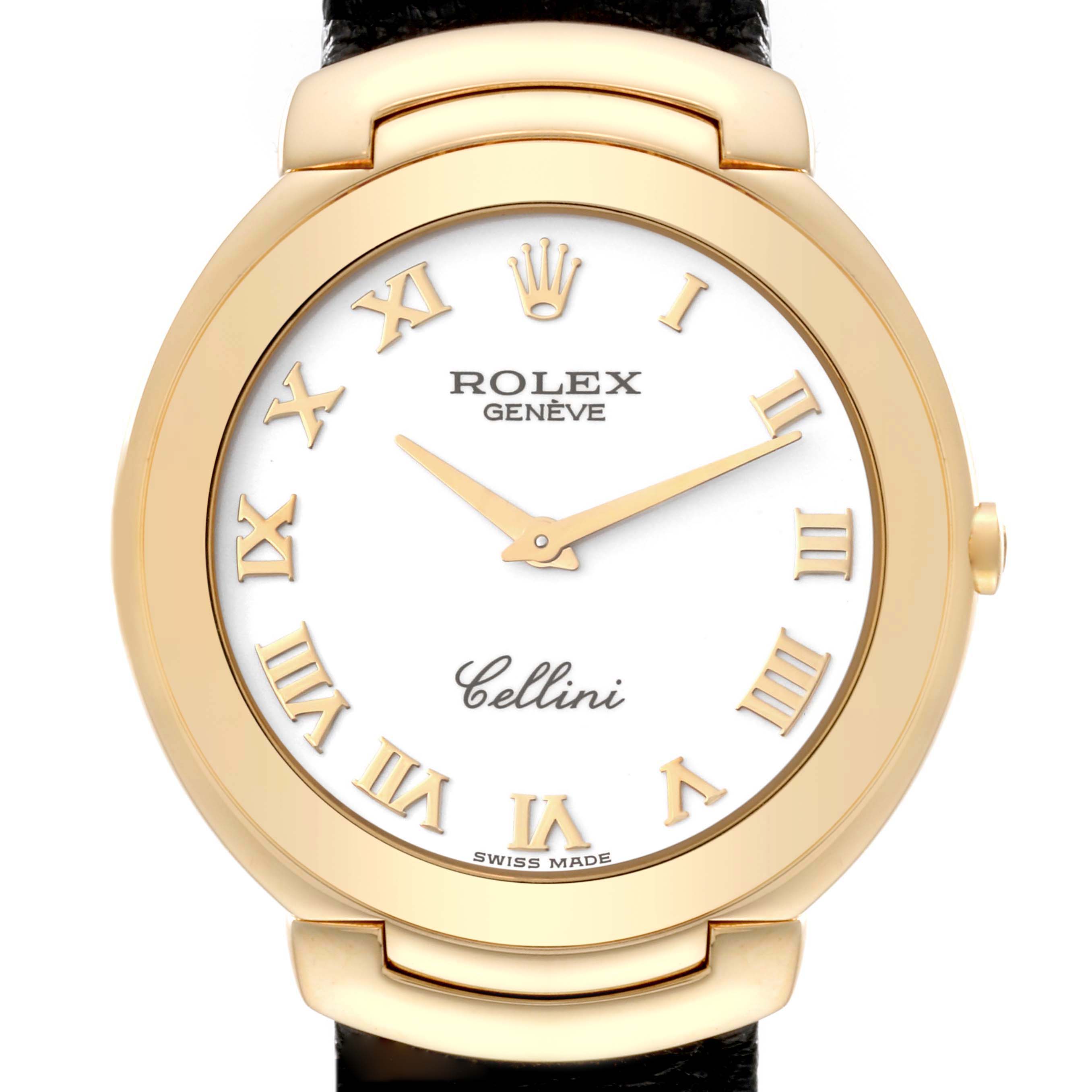 The image shows a close-up of the Rolex Cellini 6623 Men's Yellow Gold White Dial 6623 Men's Yellow Gold White Dial watch face, featuring Roman numerals and a white dial with gold accents.