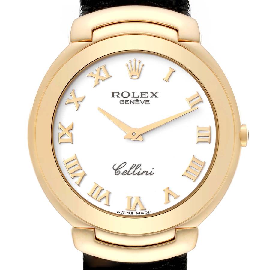 The image shows a close-up of the Rolex Cellini watch face, featuring Roman numerals and a white dial with gold accents.