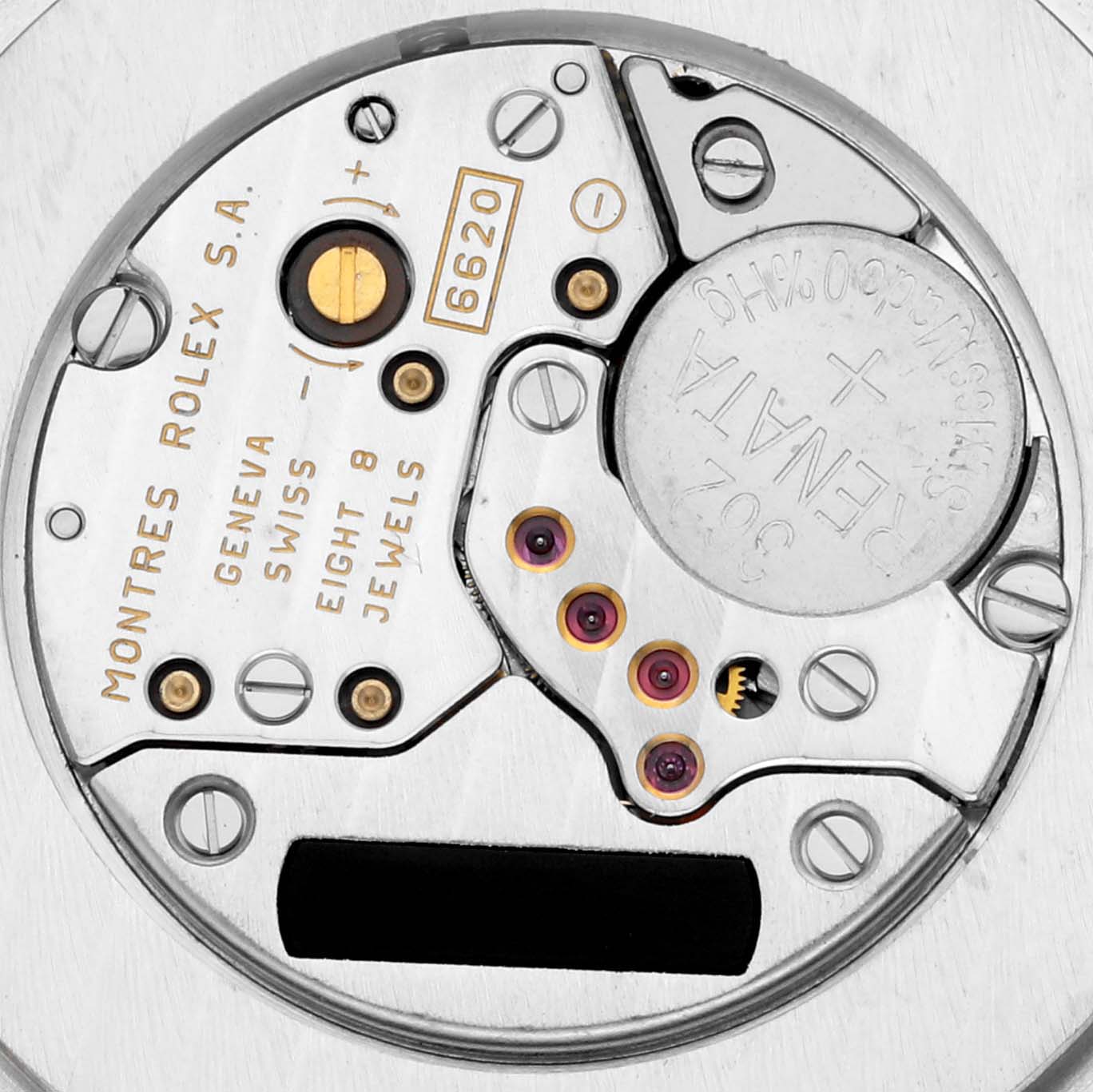 This image shows the internal movement mechanism of a Rolex Cellini 6623 Men's Yellow Gold White Dial 6623 Men's Yellow Gold White Dial watch, focusing on the components and engravings.