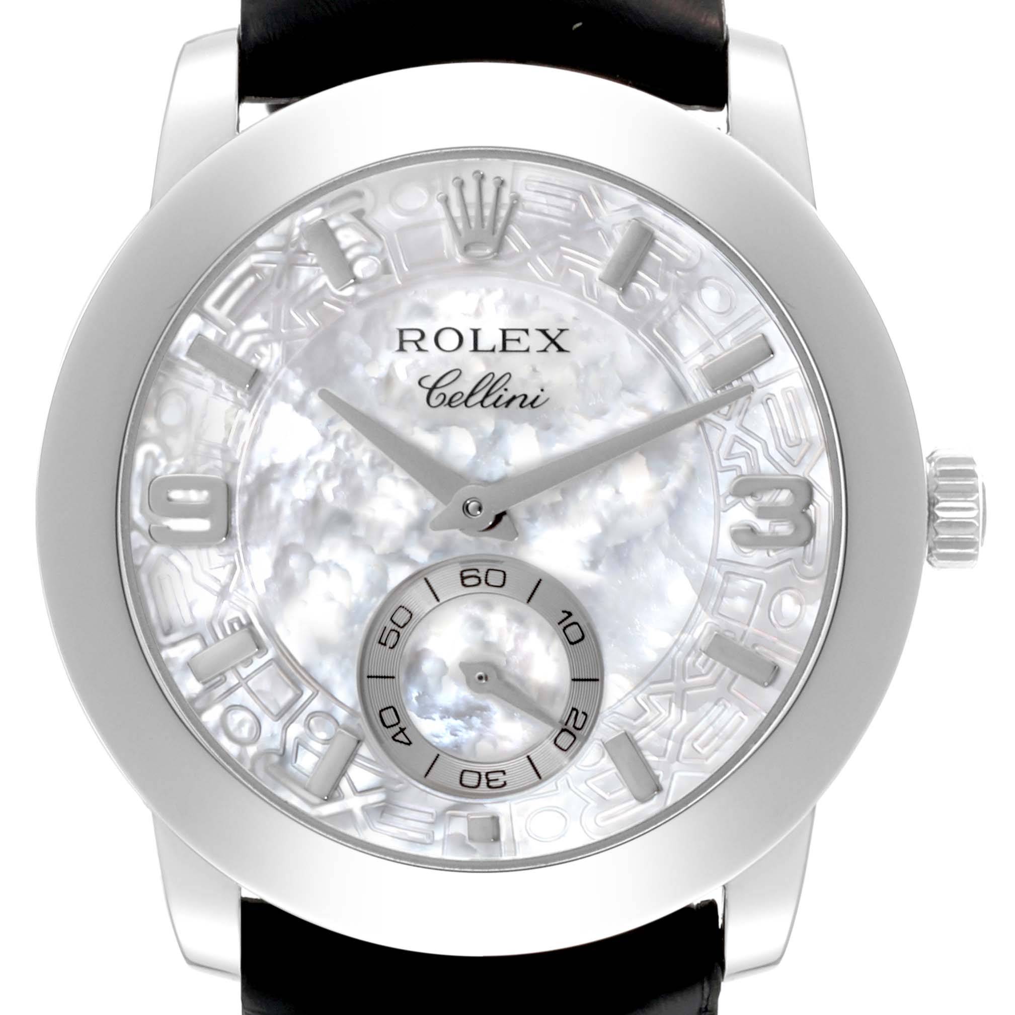 The Rolex Cellini 5240 Men's Platinum Mother of Pearl Dial 5240 Men's Platinum Mother of Pearl Dial watch is shown in a front view, highlighting the dial, hands, case, and part of the strap.