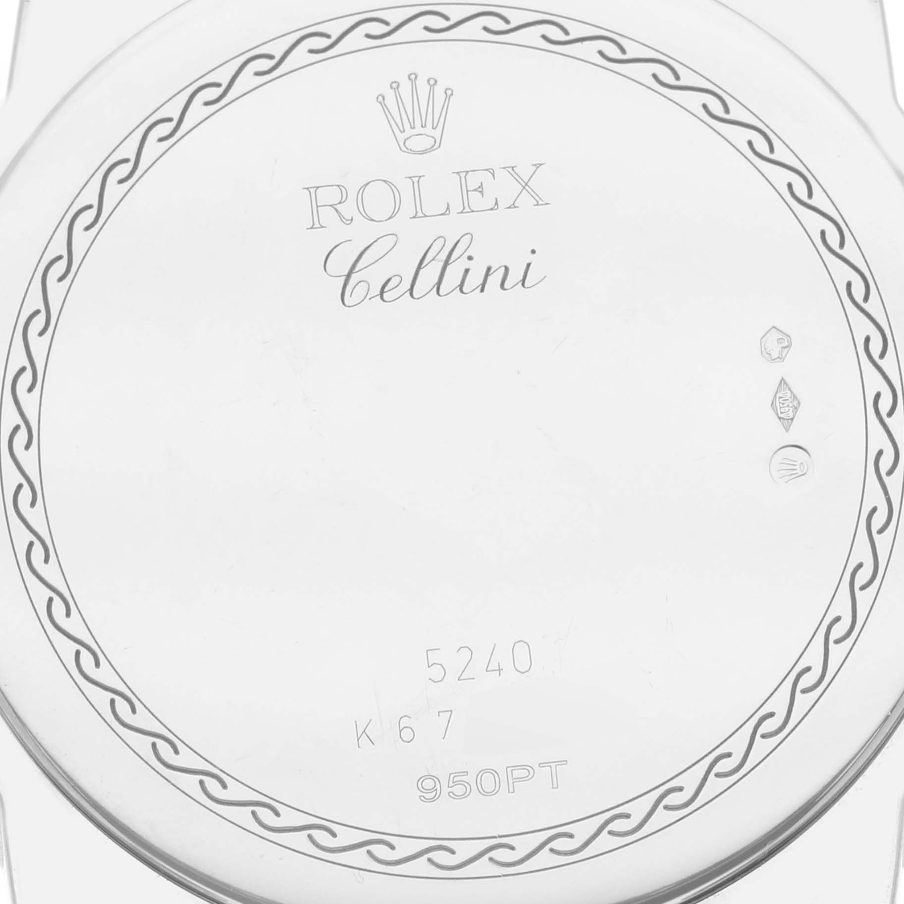 This image shows the back case of a Rolex Cellini 5240 Men's Platinum Mother of Pearl Dial 5240 Men's Platinum Mother of Pearl Dial watch, displaying engravings and hallmarks.