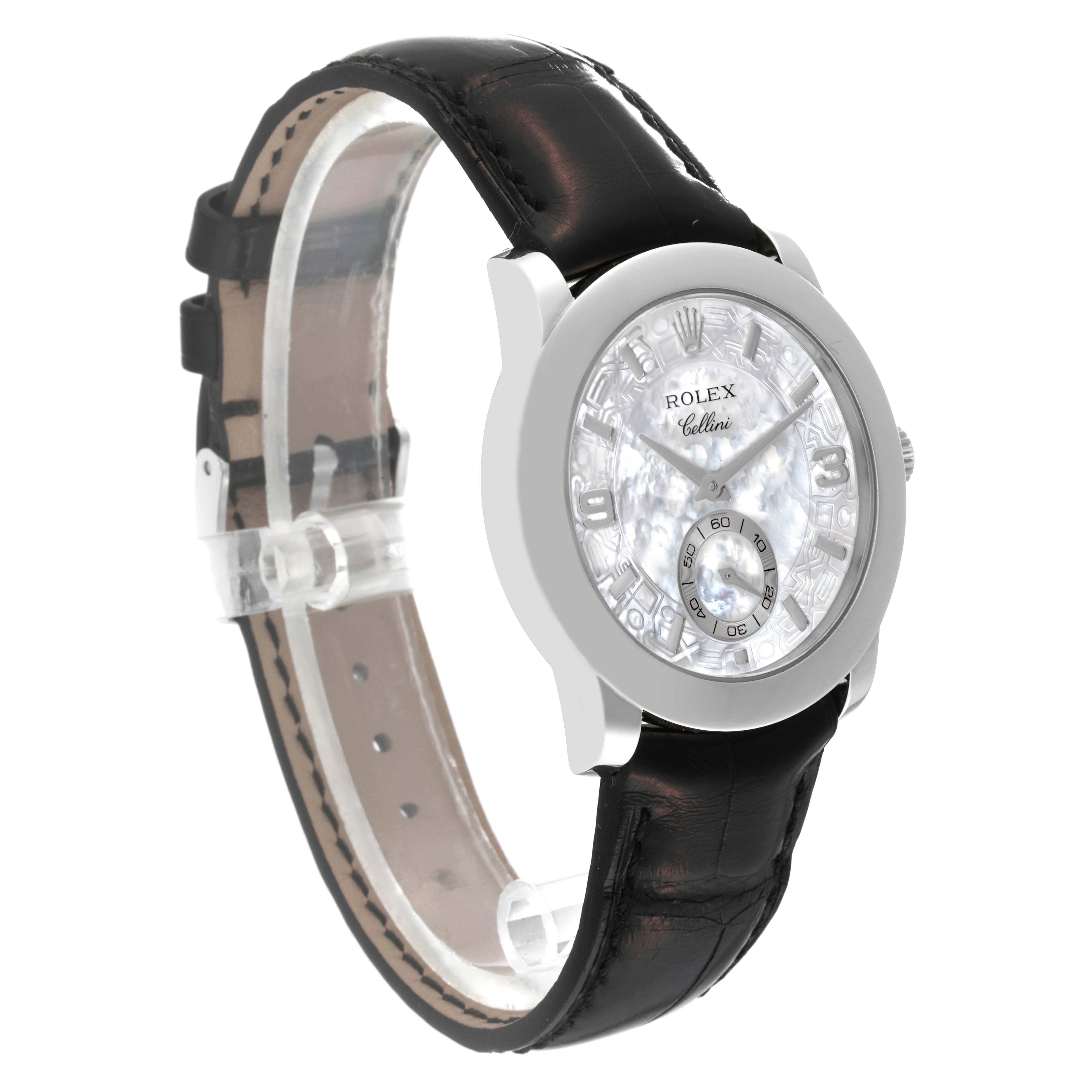 This image shows a Rolex Cellini 5240 Men's Platinum Mother of Pearl Dial 5240 Men's Platinum Mother of Pearl Dial watch at a slight angle from the front, displaying the dial, case, and leather strap.