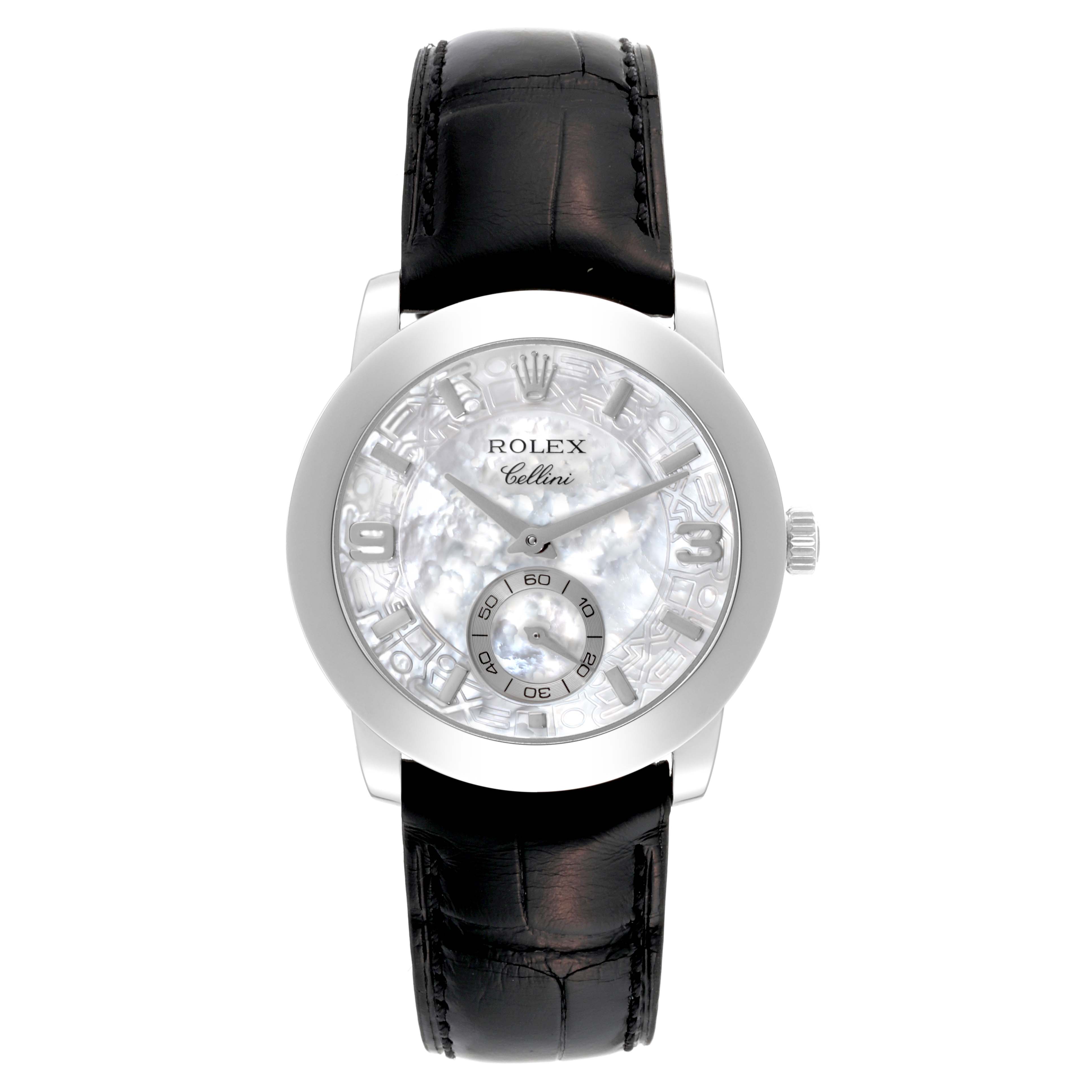 The Rolex Cellini 5240 Men's Platinum Mother of Pearl Dial 5240 Men's Platinum Mother of Pearl Dial watch is shown from a front angle, featuring a white dial, silver hands, and a black leather strap.