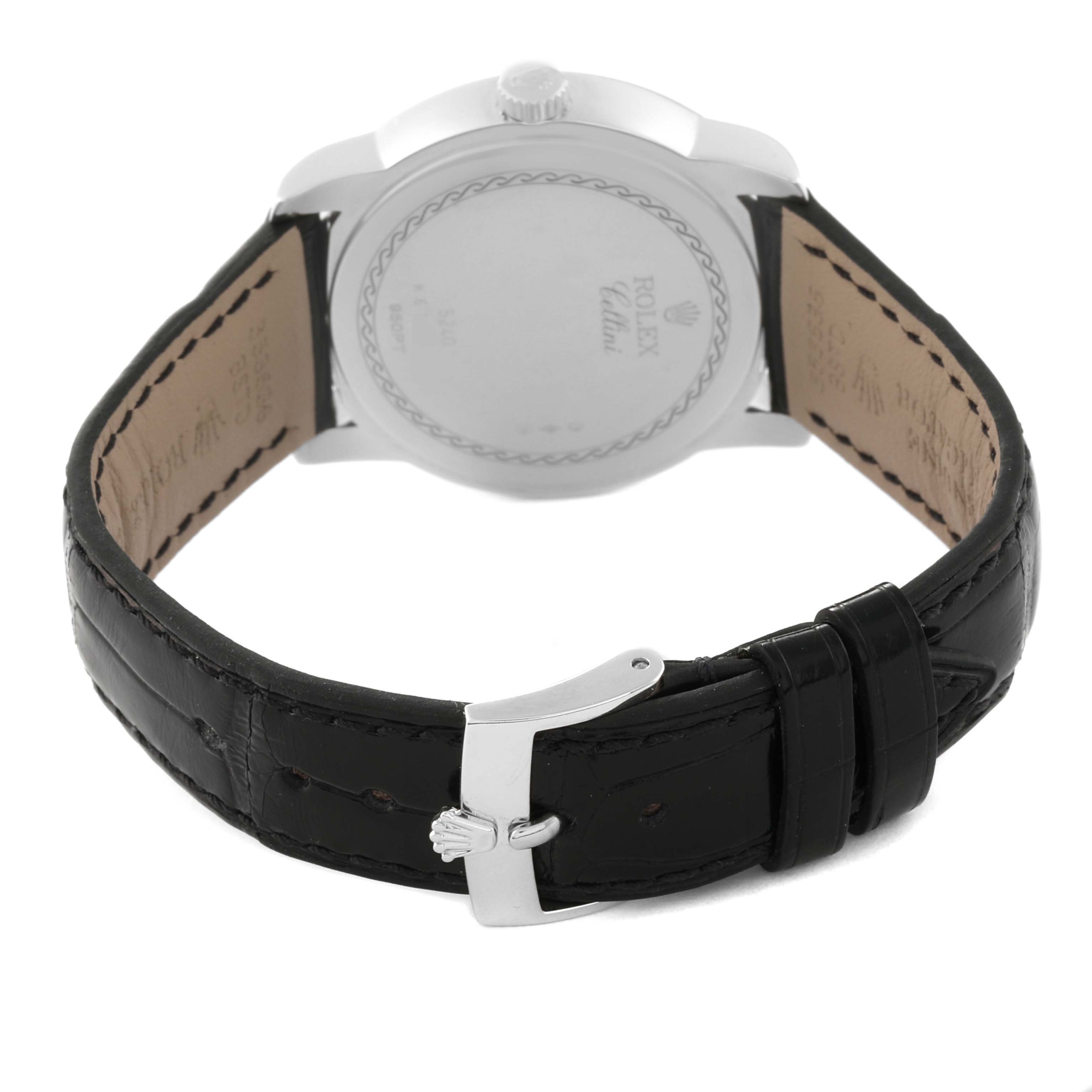The image shows the back and strap of a Rolex Cellini 5240 Men's Platinum Mother of Pearl Dial 5240 Men's Platinum Mother of Pearl Dial watch, featuring the case back and leather buckle.