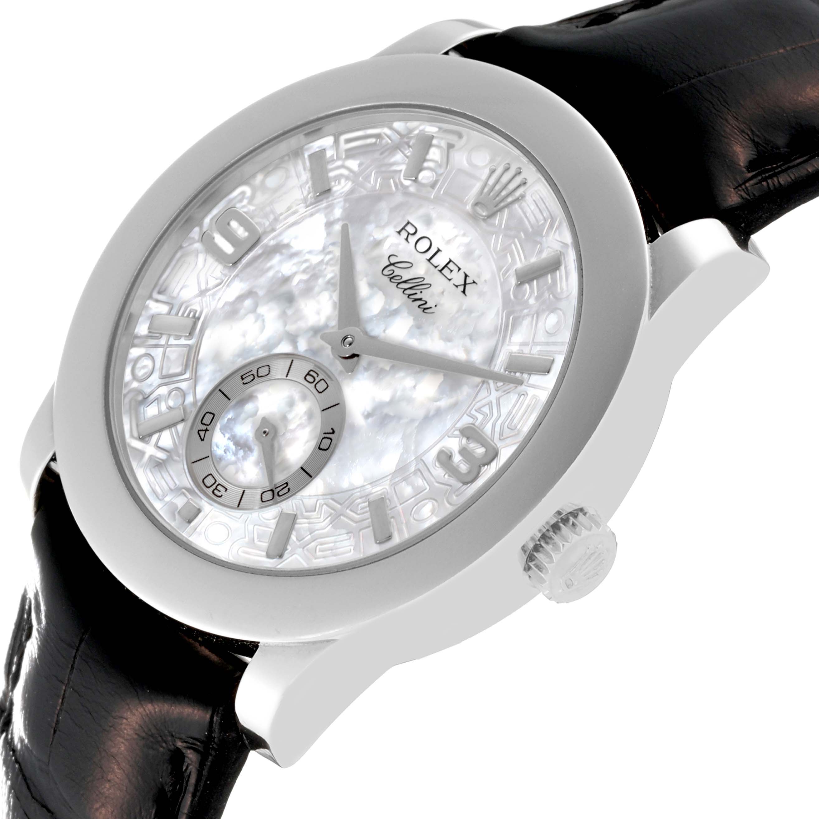 The image shows a Rolex Cellini 5240 Men's Platinum Mother of Pearl Dial 5240 Men's Platinum Mother of Pearl Dial watch at a tilted angle, highlighting its face, crown, and a portion of the black leather strap.