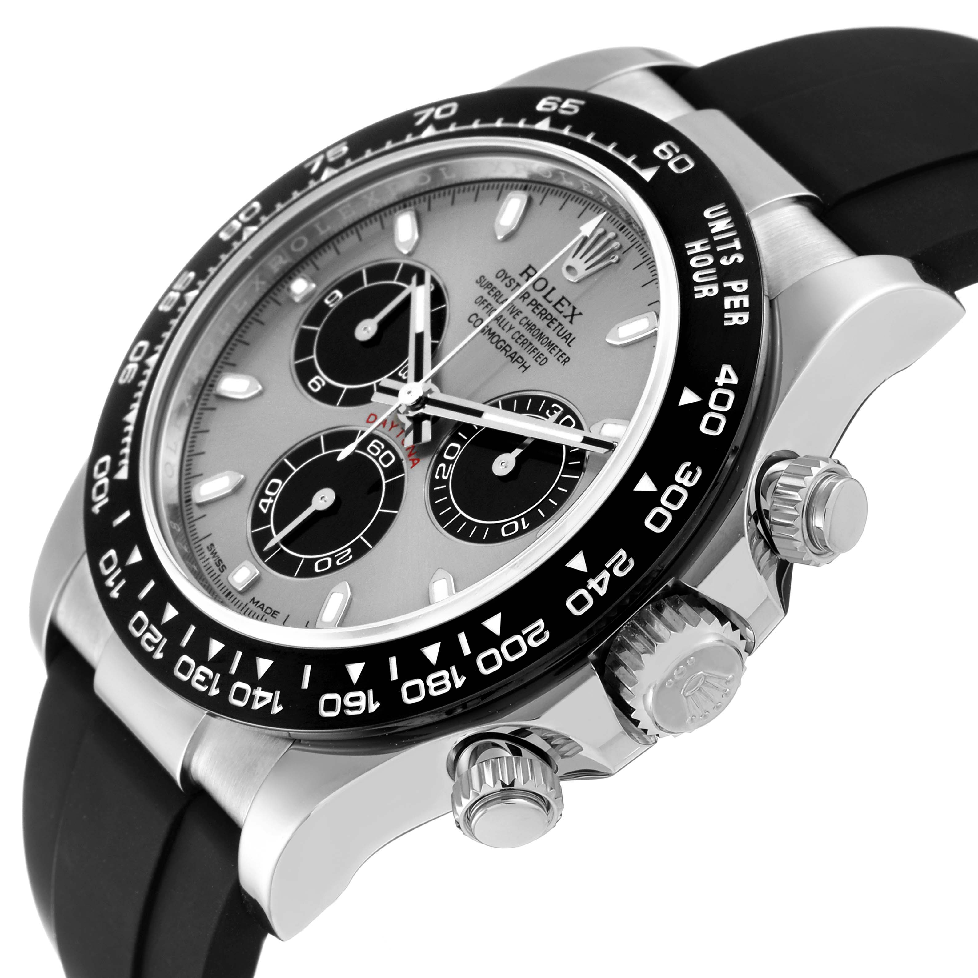 The image shows a close-up angle of a Rolex Daytona 116519 Men's White Gold Grey Dial 116519 Men's White Gold Grey Dial watch, highlighting the face, bezel, and pushers.