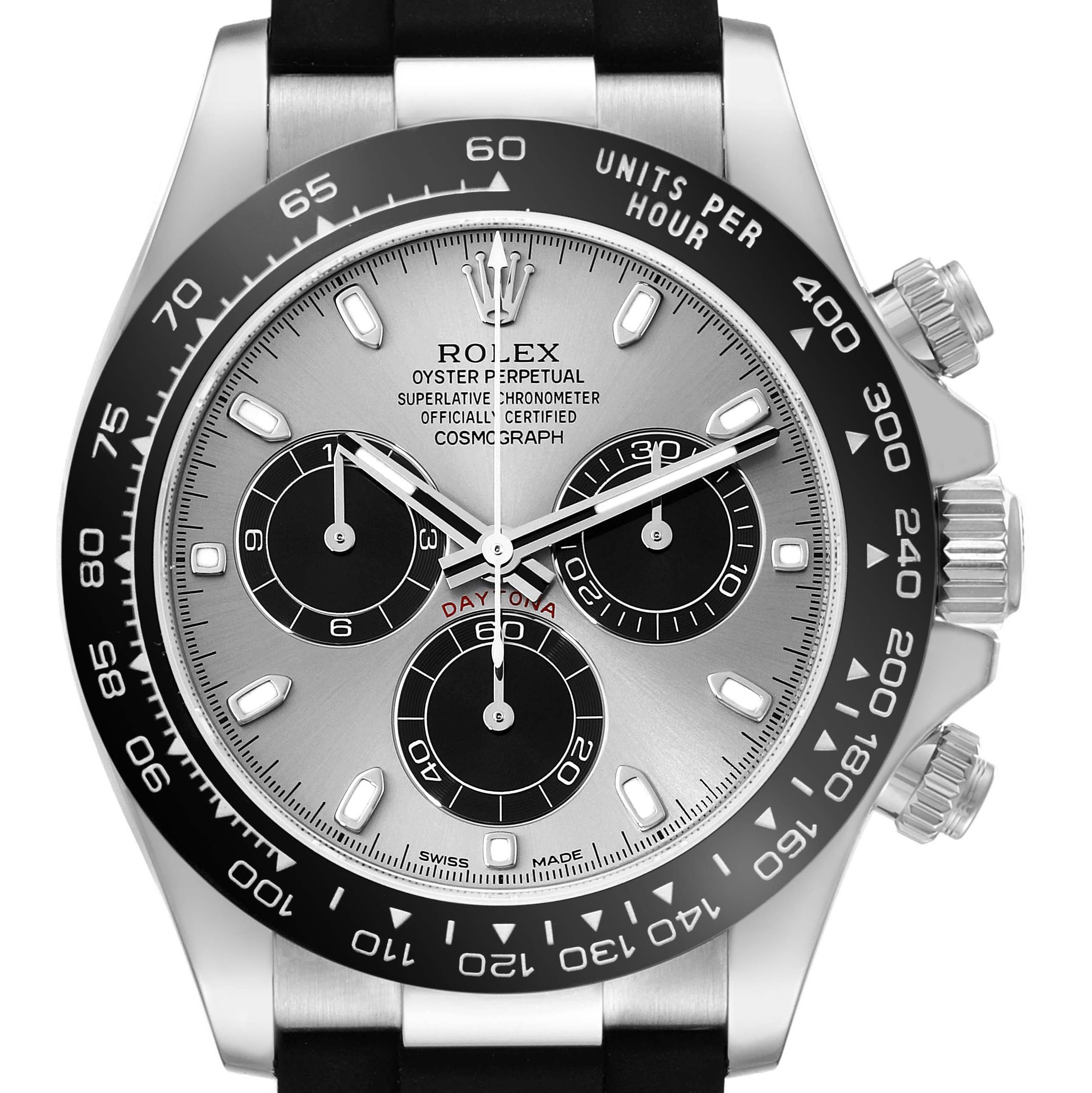 This image shows a front view of a Rolex Daytona 116519 Men's White Gold Grey Dial 116519 Men's White Gold Grey Dial watch, highlighting its dial, bezel, and pushers.