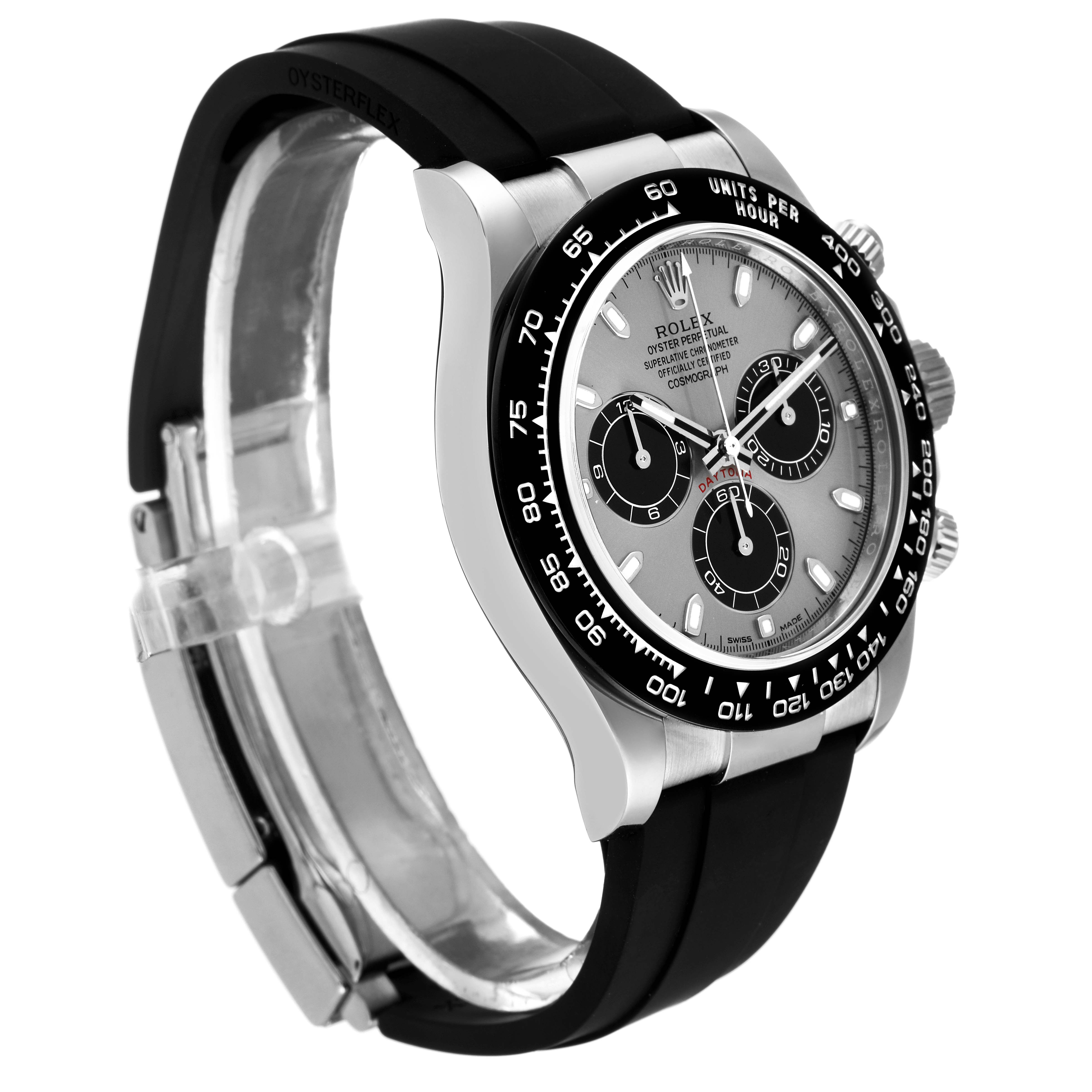 This image shows a side-angle view of a Rolex Daytona 116519 Men's White Gold Grey Dial 116519 Men's White Gold Grey Dial watch, highlighting its bezel, dial, and Oysterflex band.