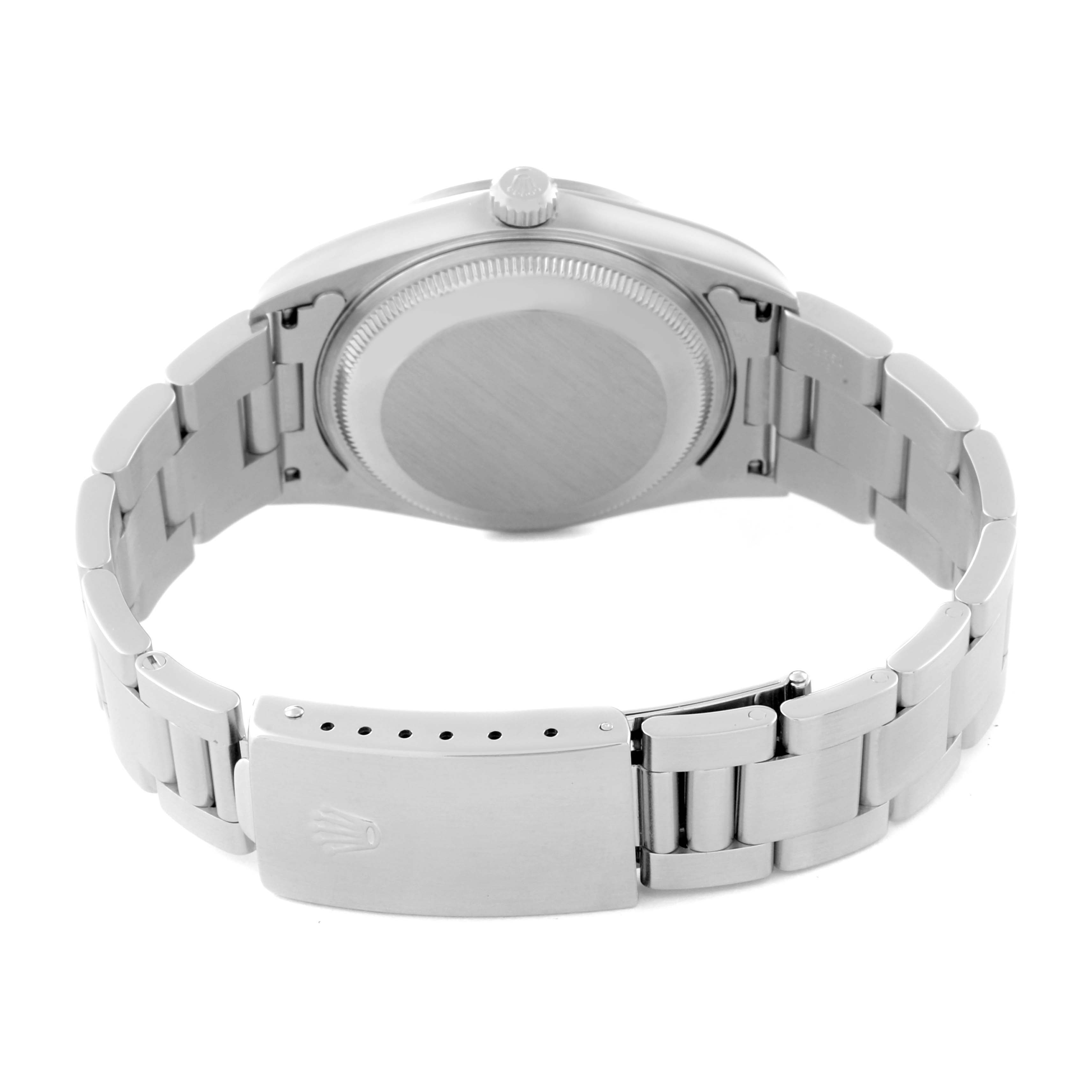 This Rolex Date 15200 Men's Stainless Steel Blue Dial 15200 Men's Stainless Steel Blue Dial model watch is shown from the back with a view of the case, bracelet, and clasp.