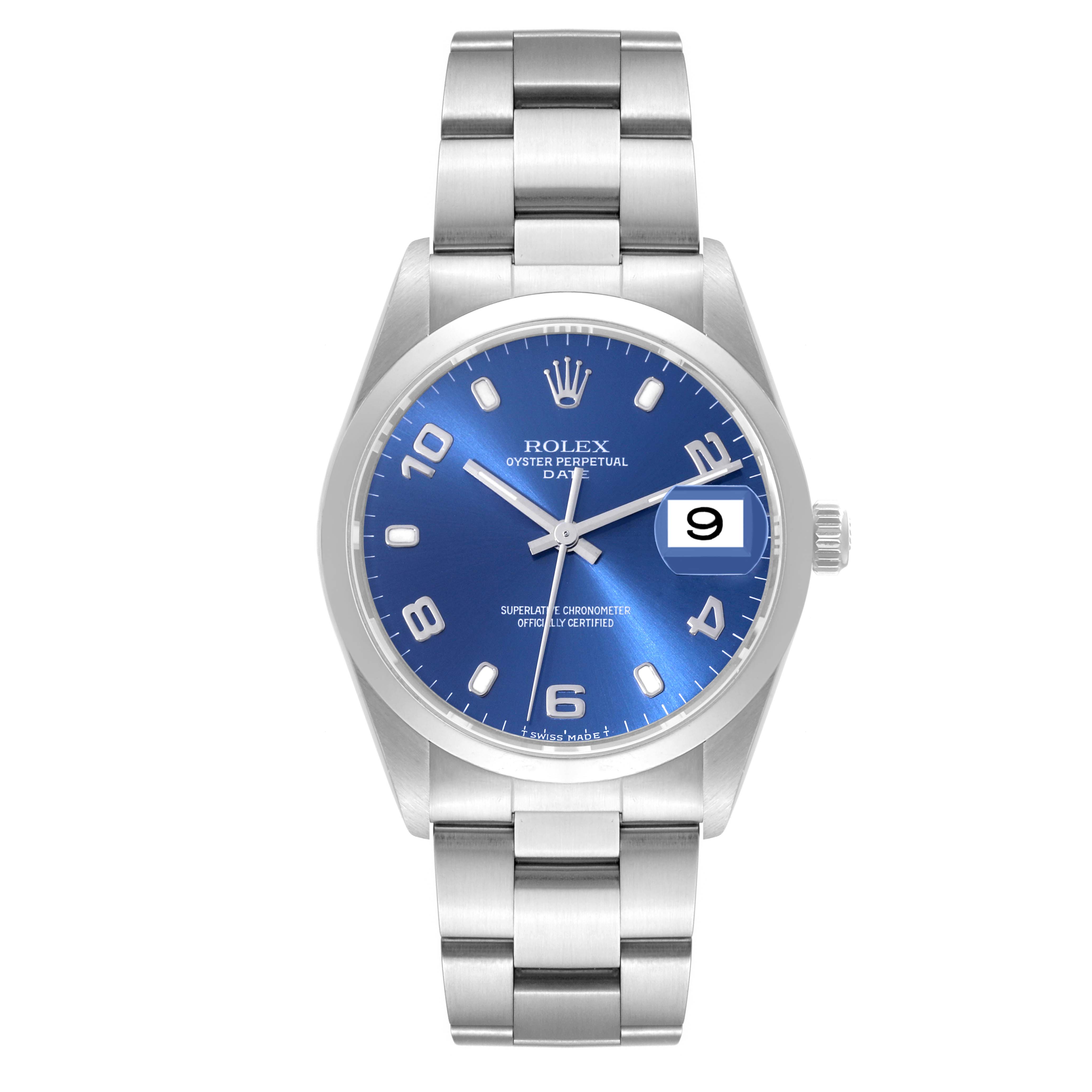 This image shows a front view of the Rolex Date 15200 Men's Stainless Steel Blue Dial 15200 Men's Stainless Steel Blue Dial model watch, featuring a blue dial and stainless steel bracelet.