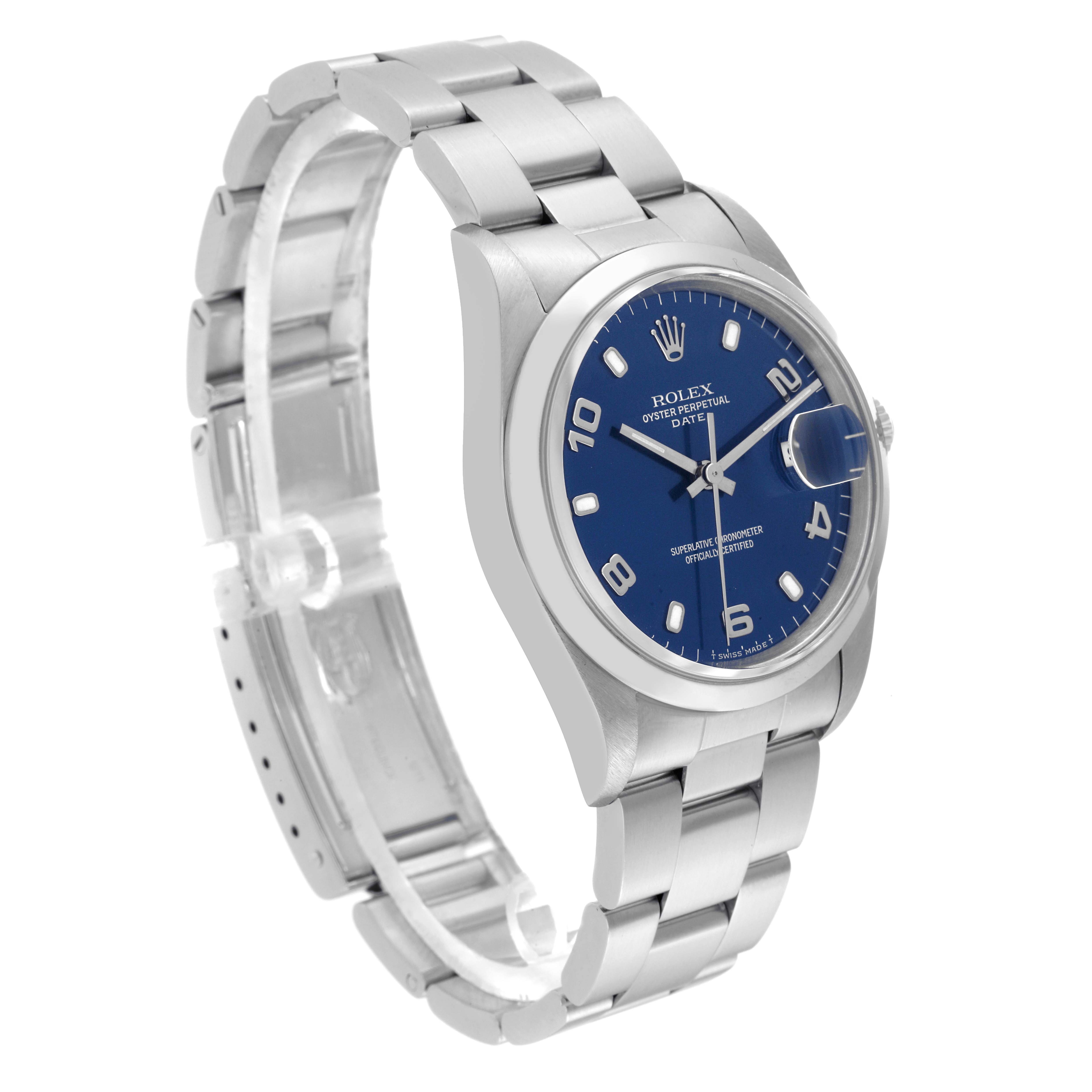 The image shows a Rolex Date 15200 Men's Stainless Steel Blue Dial 15200 Men's Stainless Steel Blue Dial model from an angled side view, highlighting the blue dial, case, and stainless steel bracelet.