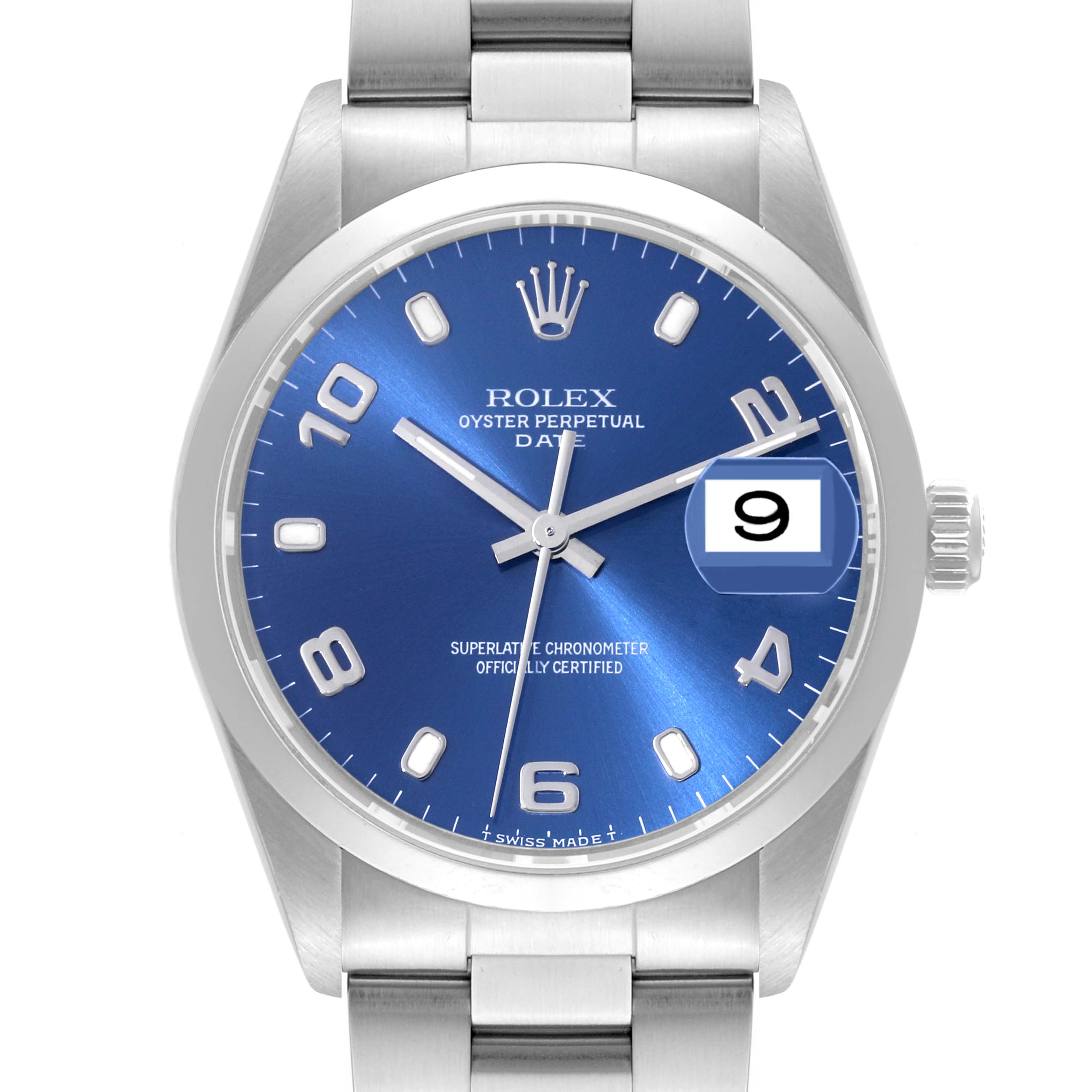 The watch is a Rolex Date 15200 Men's Stainless Steel Blue Dial 15200 Men's Stainless Steel Blue Dial model shown from the front, displaying the face, hands, date window, crown, and part of the bracelet.