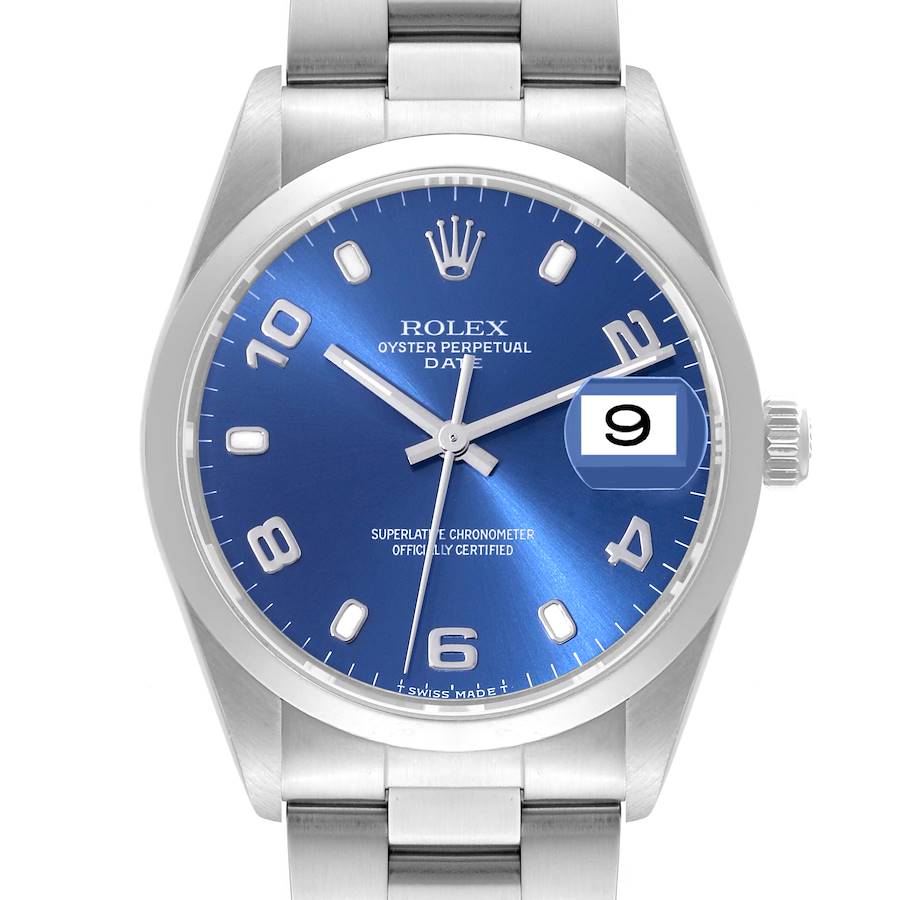 The watch is a Rolex Date model shown from the front, displaying the face, hands, date window, crown, and part of the bracelet.