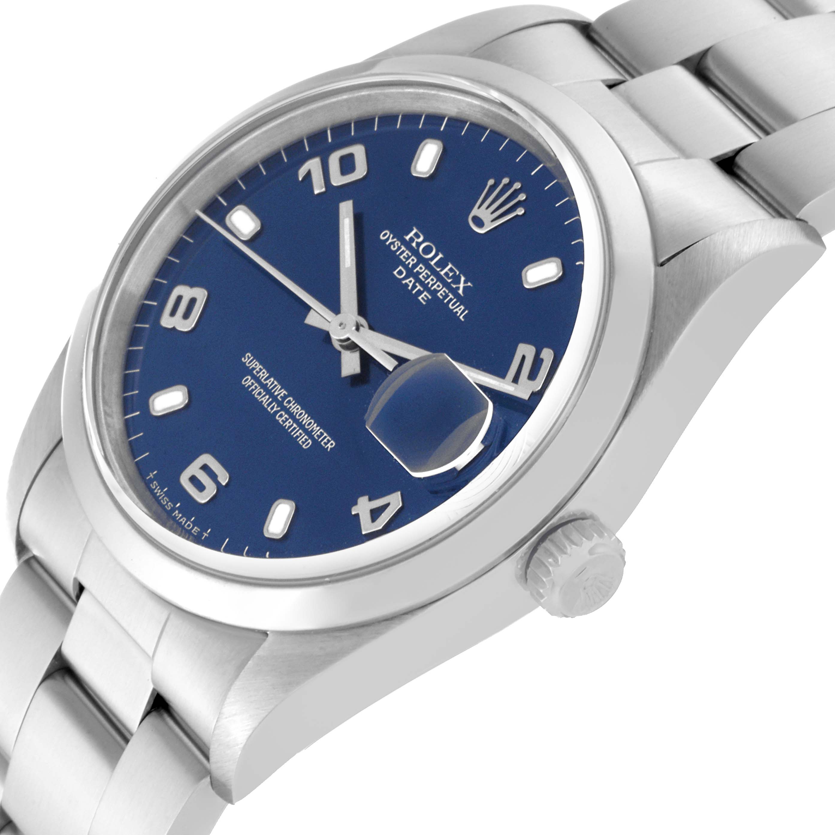 The image shows a side angle of the Rolex Date 15200 Men's Stainless Steel Blue Dial 15200 Men's Stainless Steel Blue Dial model watch, highlighting the blue dial, crown, and part of the bracelet.