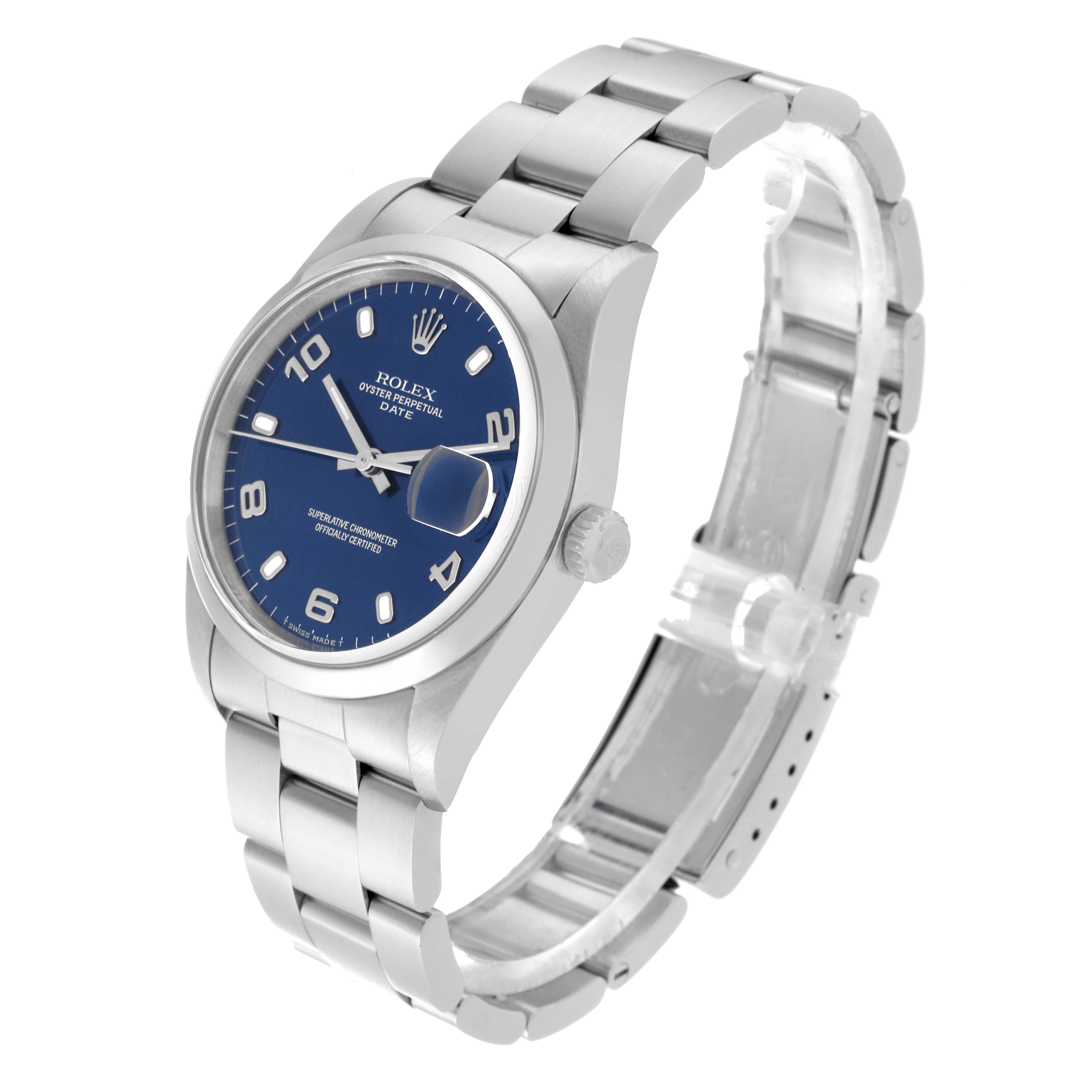 The Rolex Date 15200 Men's Stainless Steel Blue Dial 15200 Men's Stainless Steel Blue Dial model watch is shown at an angle displaying the blue dial, case, and metal bracelet.