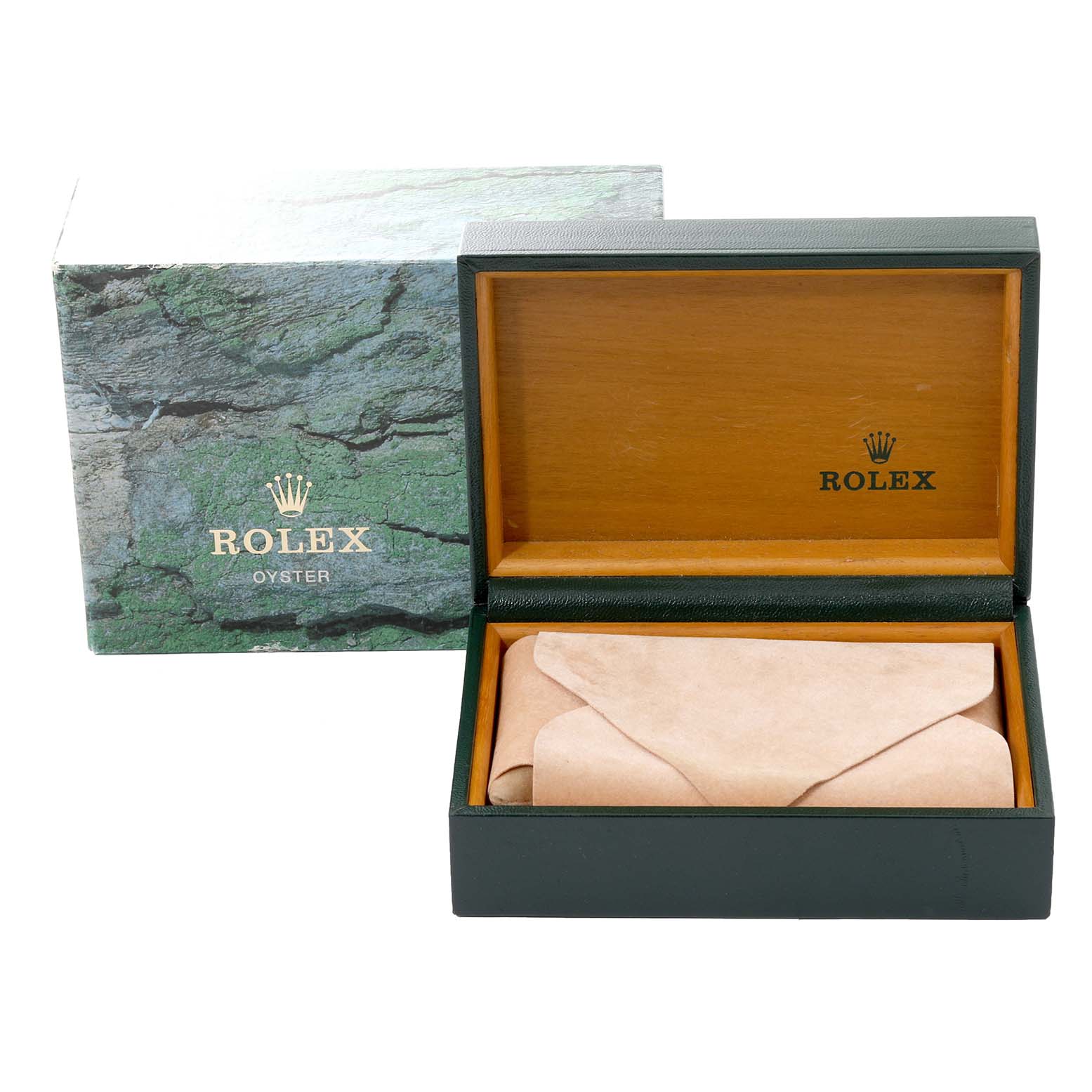 The image depicts a Rolex Date 15200 Men's Stainless Steel Blue Dial 15200 Men's Stainless Steel Blue Dial model watch box and an outer box, both showing the brand logo prominently.