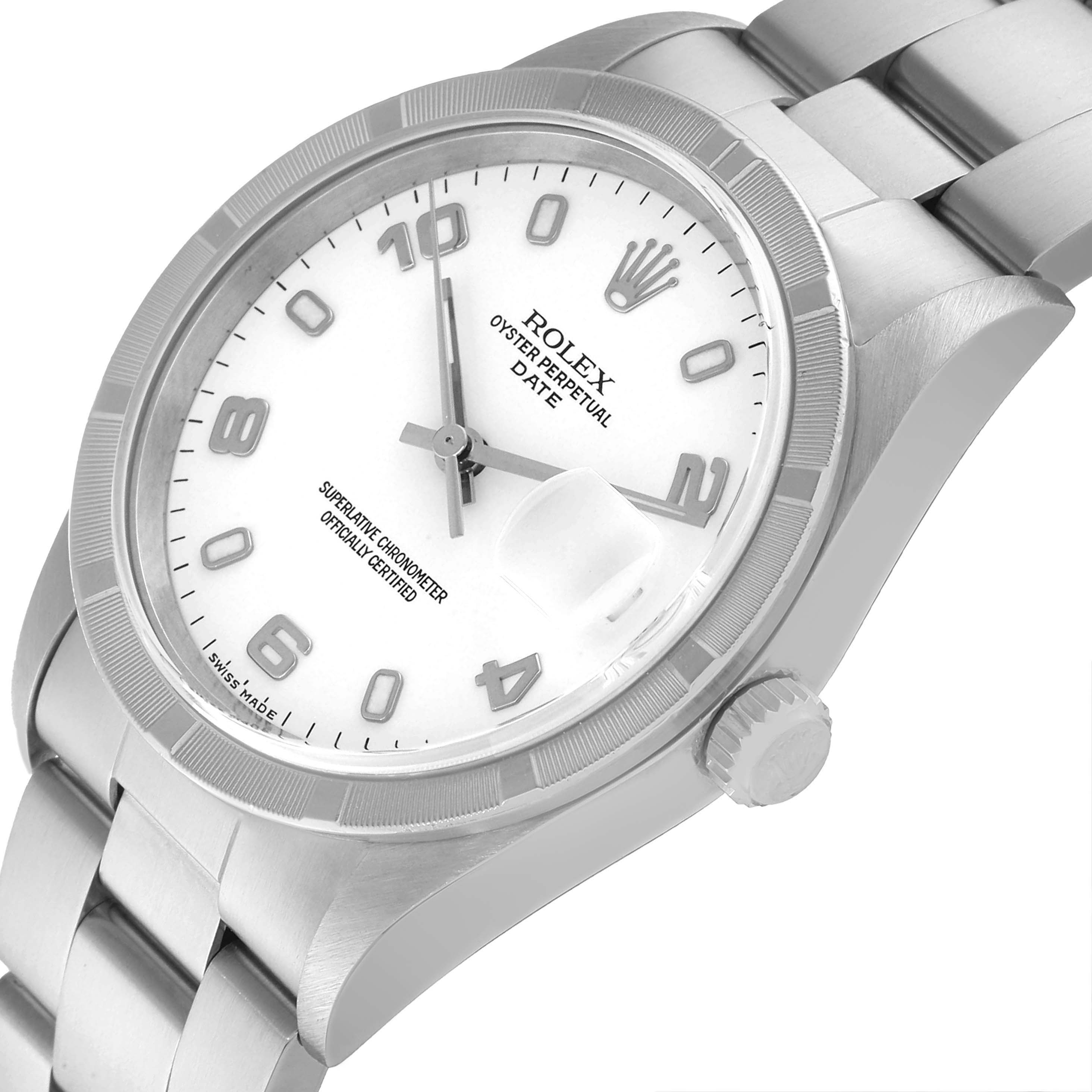 The image shows a close-up angle of the Rolex Date 15210 Men's Stainless Steel White Dial 15210 Men's Stainless Steel White Dial model watch, displaying the watch face, crown, and part of the bracelet.