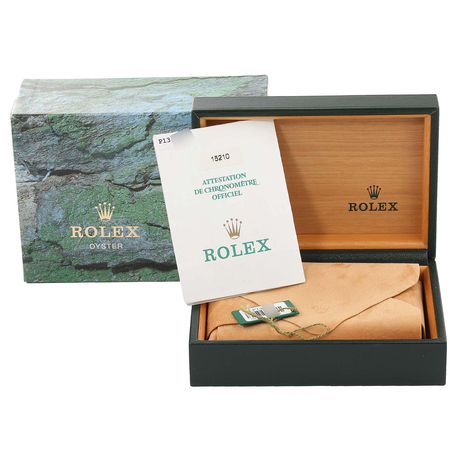 The image shows the packaging, warranty booklet, and tags for the Rolex Date 15210 Men's Stainless Steel White Dial 15210 Men's Stainless Steel White Dial model.