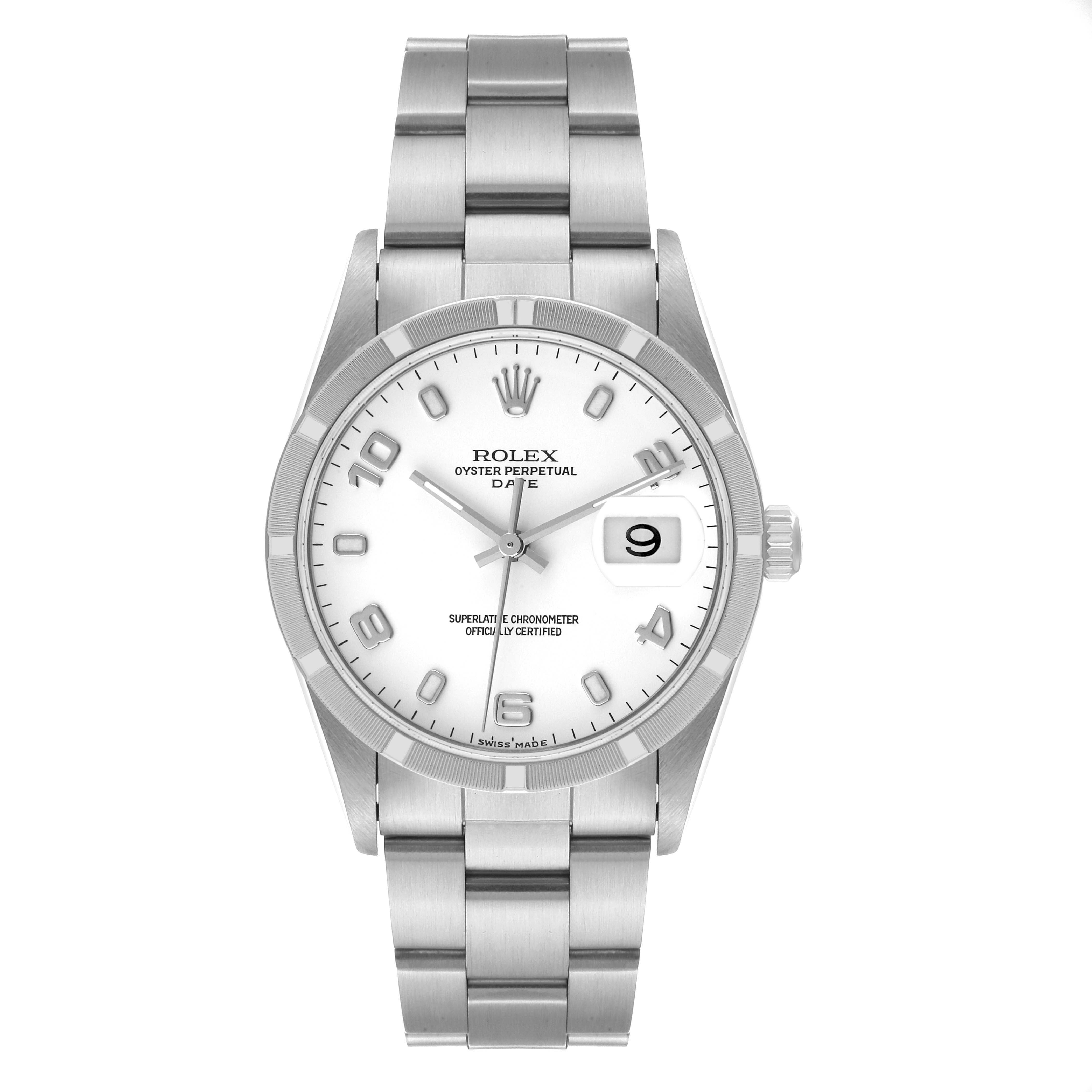 This image shows a front view of a Rolex Date 15210 Men's Stainless Steel White Dial 15210 Men's Stainless Steel White Dial model watch, featuring its dial, bezel, bracelet, and date window.