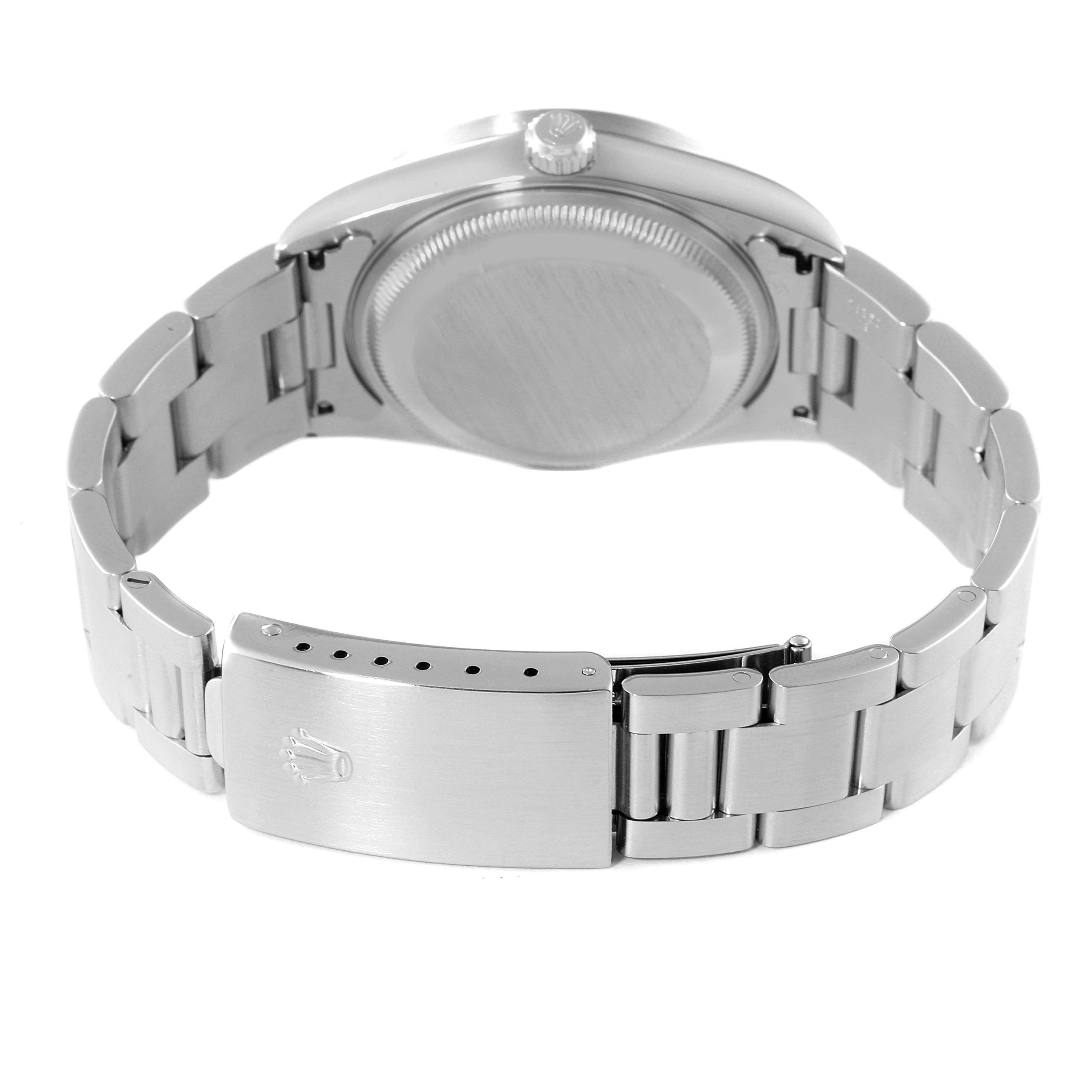 This image shows the back case and metal bracelet of a Rolex Date 15210 Men's Stainless Steel White Dial 15210 Men's Stainless Steel White Dial model watch from a rear angle.