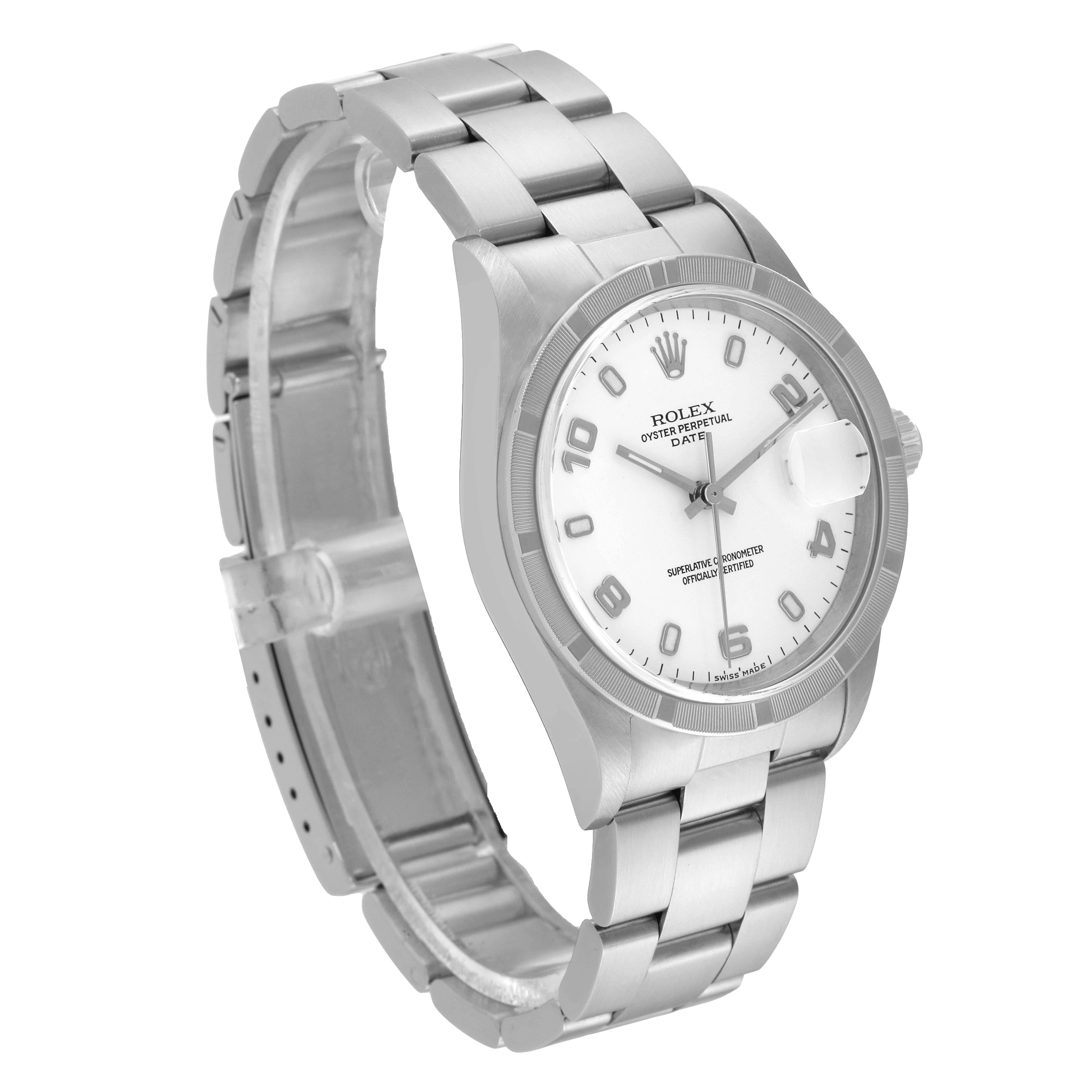 The image shows a Rolex Date 15210 Men's Stainless Steel White Dial 15210 Men's Stainless Steel White Dial watch at a slight angle, displaying its face, bezel, crown, and bracelet.