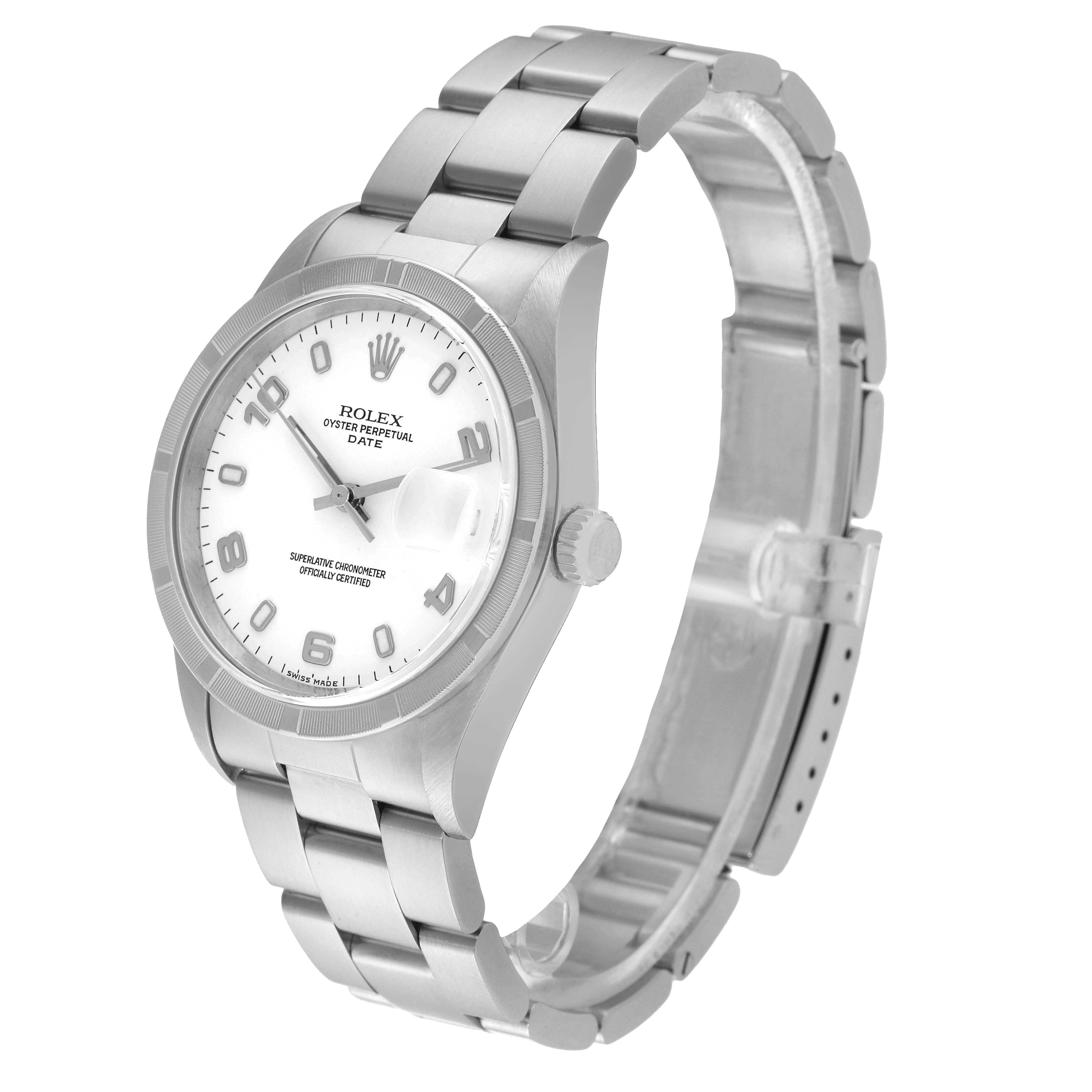 The Rolex Date 15210 Men's Stainless Steel White Dial 15210 Men's Stainless Steel White Dial model is shown at an oblique angle, displaying the face, bezel, crown, and bracelet.