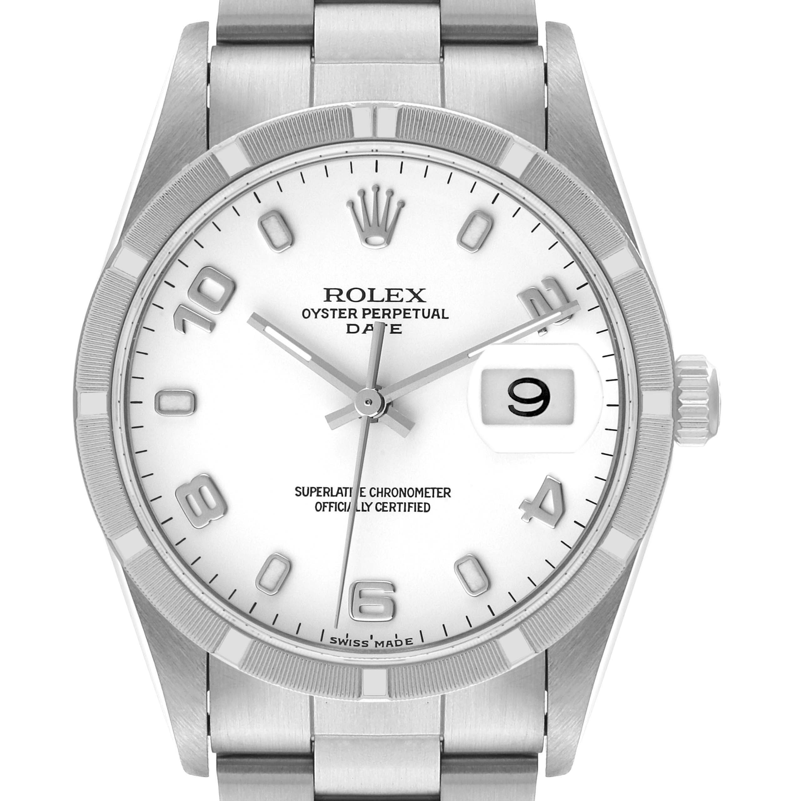 This image shows a front view of a Rolex Date 15210 Men's Stainless Steel White Dial 15210 Men's Stainless Steel White Dial model watch, highlighting the dial, hands, crown, and date window.
