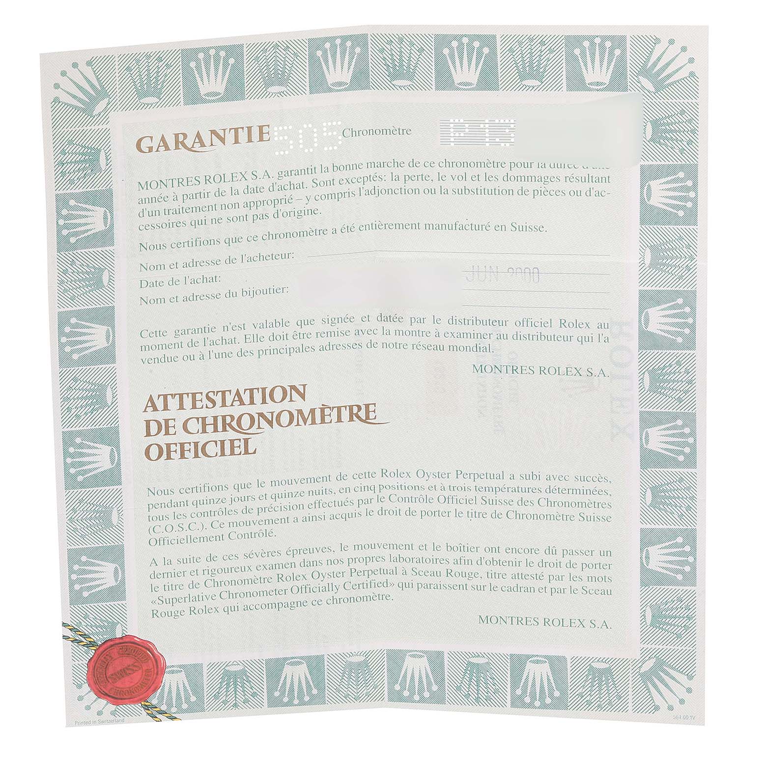 The image shows a warranty card for a Rolex Date 15210 Men's Stainless Steel White Dial 15210 Men's Stainless Steel White Dial model watch, detailing certification and purchase information.