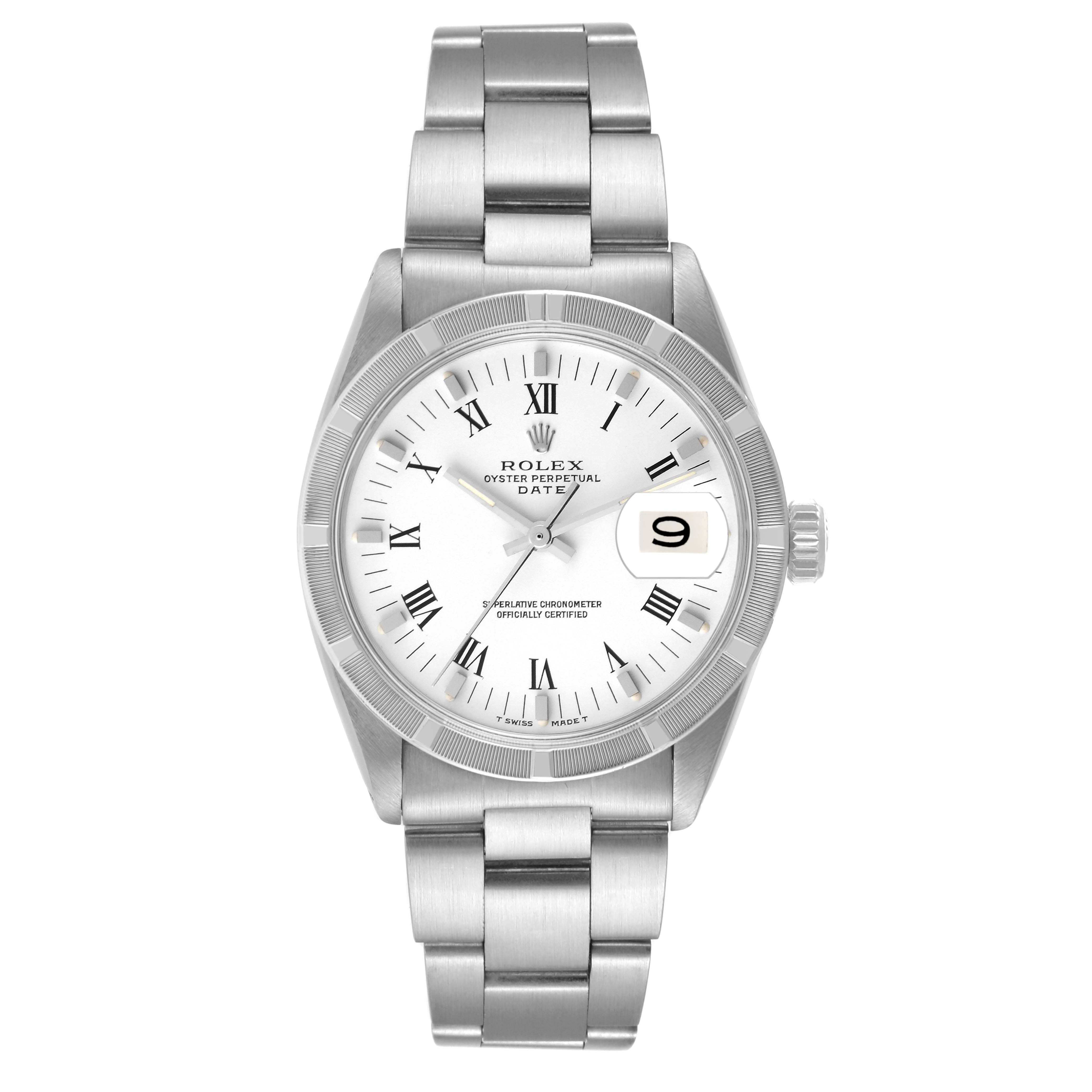 The Rolex Vintage Collection 1501 Men's Stainless Steel White Dial 1501 Men's Stainless Steel White Dial watch is shown from a top-down angle, highlighting its face, bezel, crown, and bracelet.