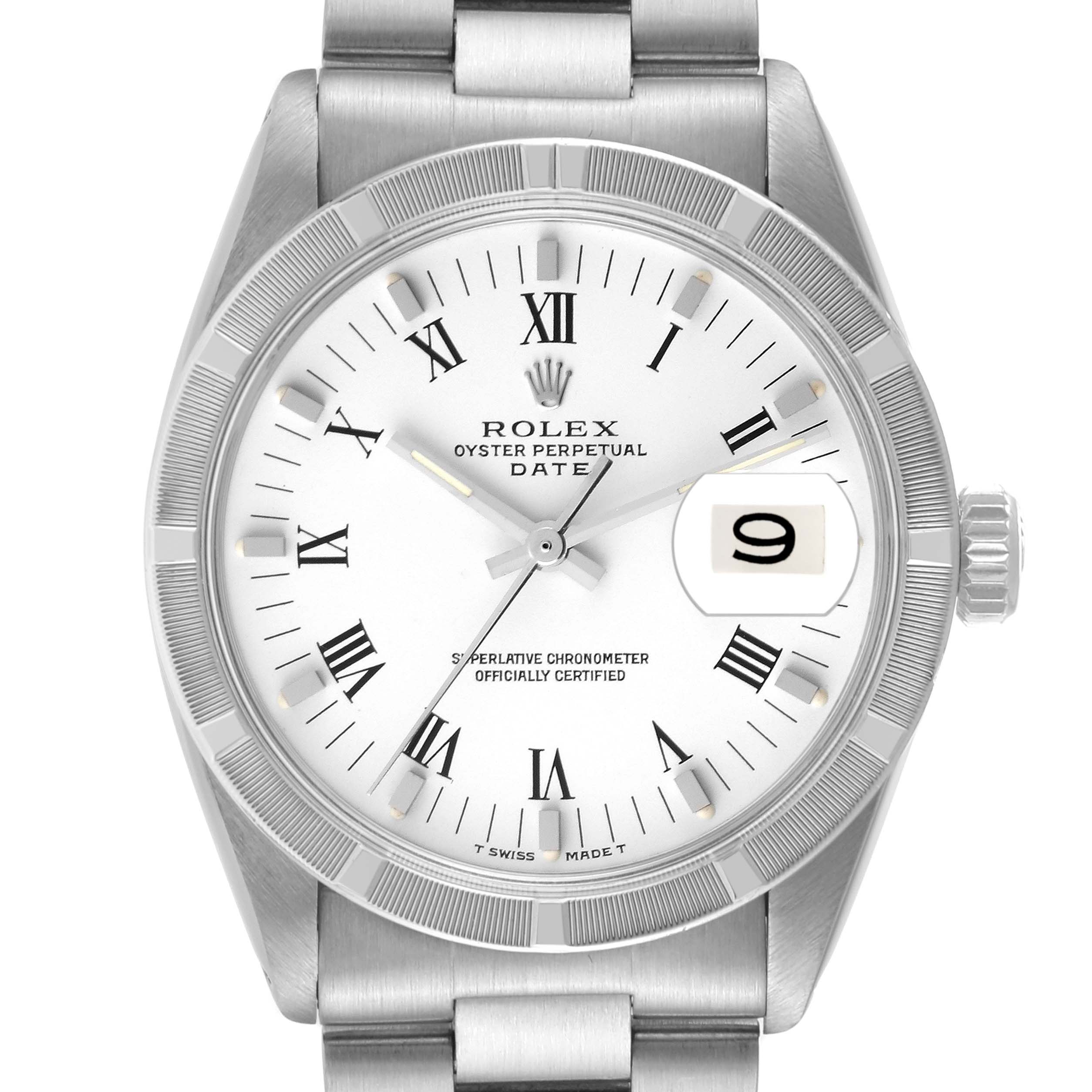 The image shows a front view of the Rolex Vintage Collection 1501 Men's Stainless Steel White Dial 1501 Men's Stainless Steel White Dial Oyster Perpetual Date watch, highlighting its dial, bezel, crown, and bracelet.