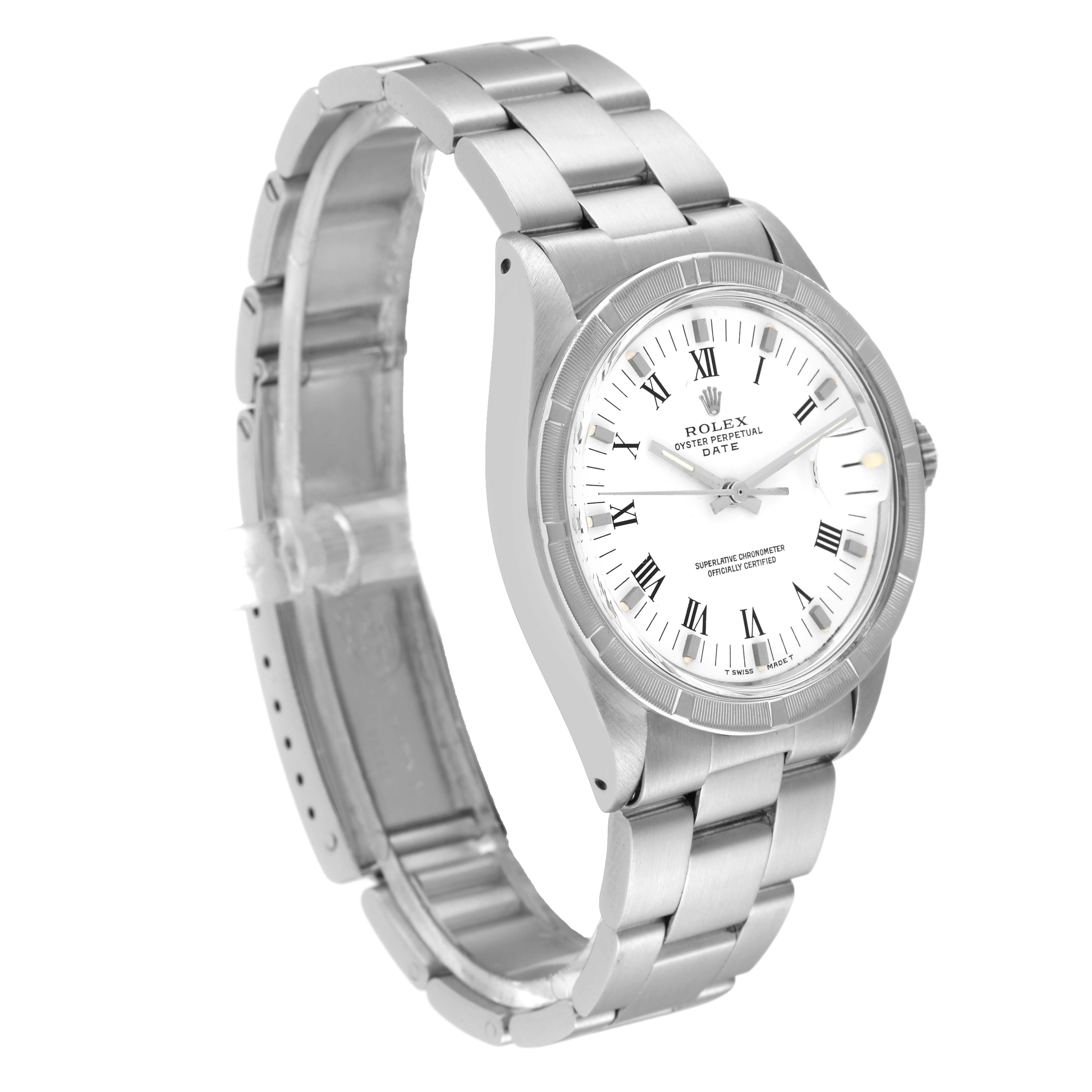 The image shows a side view of the Rolex Vintage Collection 1501 Men's Stainless Steel White Dial 1501 Men's Stainless Steel White Dial watch, highlighting its stainless steel band and white dial with Roman numerals.