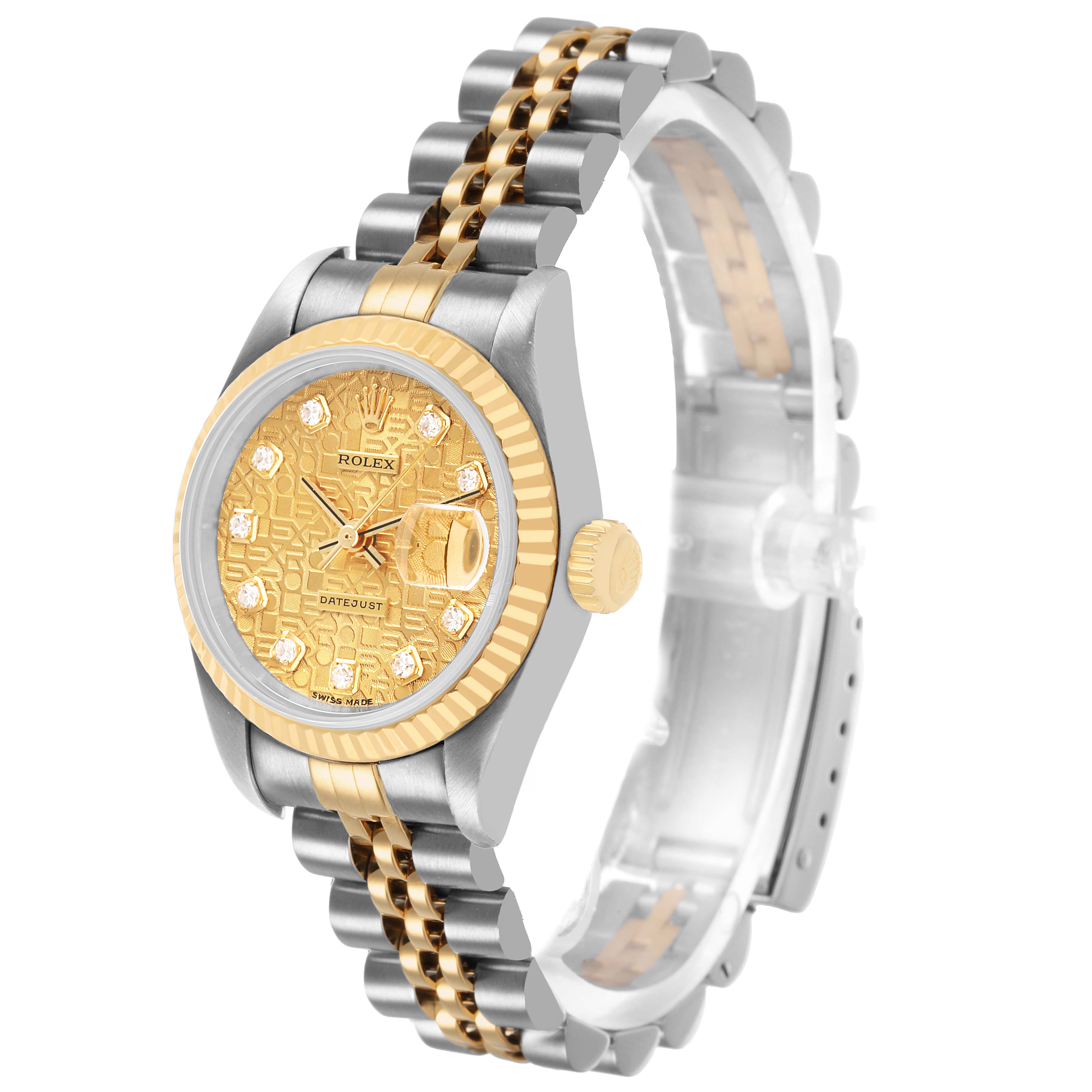 The Rolex Datejust 69173 Women's Steel and Gold (two tone) Champagne Dial watch is shown at a three-quarter angle, highlighting the dial, bezel, crown, and bracelet details.