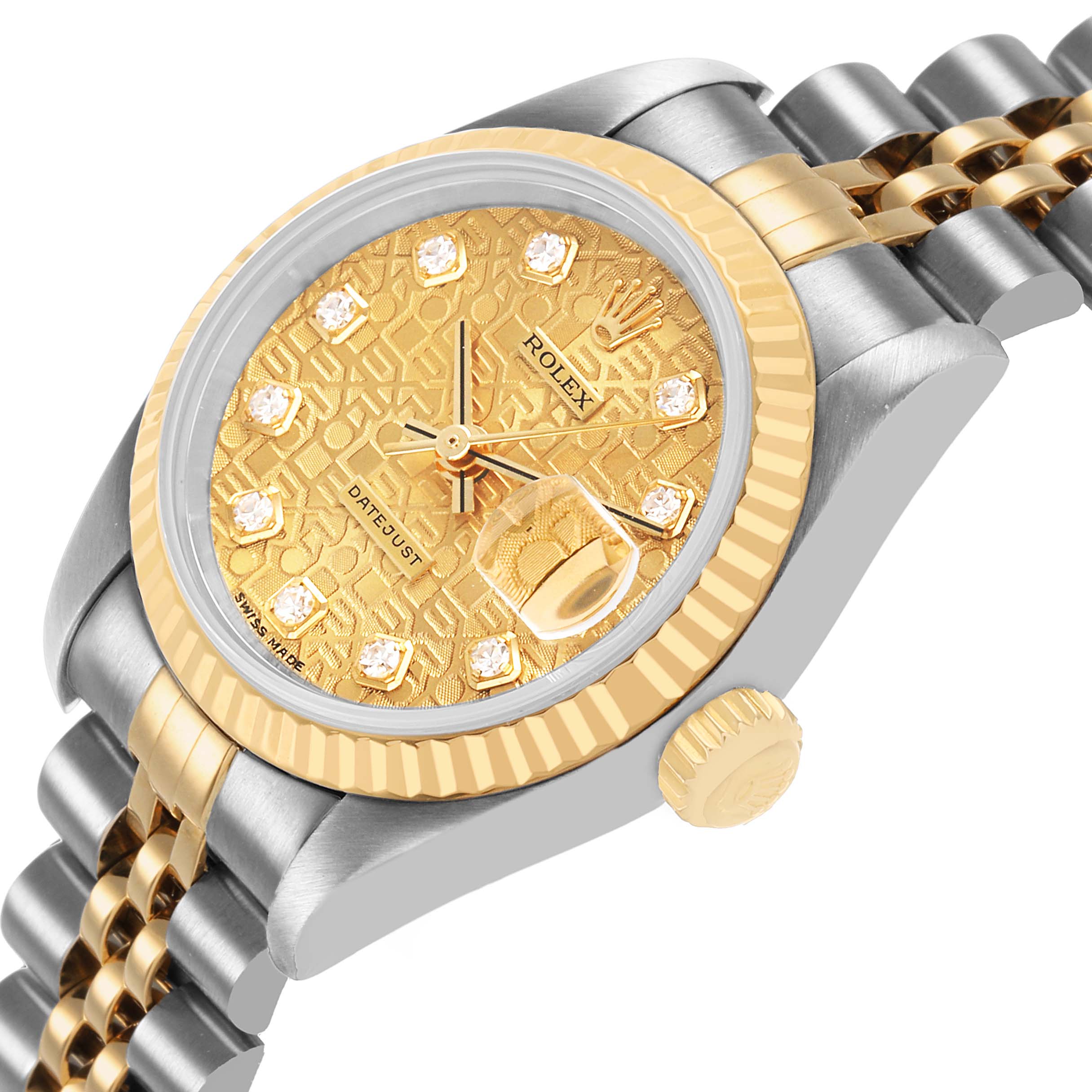 The Rolex Datejust 69173 Women's Steel and Gold (two tone) Champagne Dial watch is shown from an angled side view, highlighting the dial, bezel, crown, and part of the bracelet.
