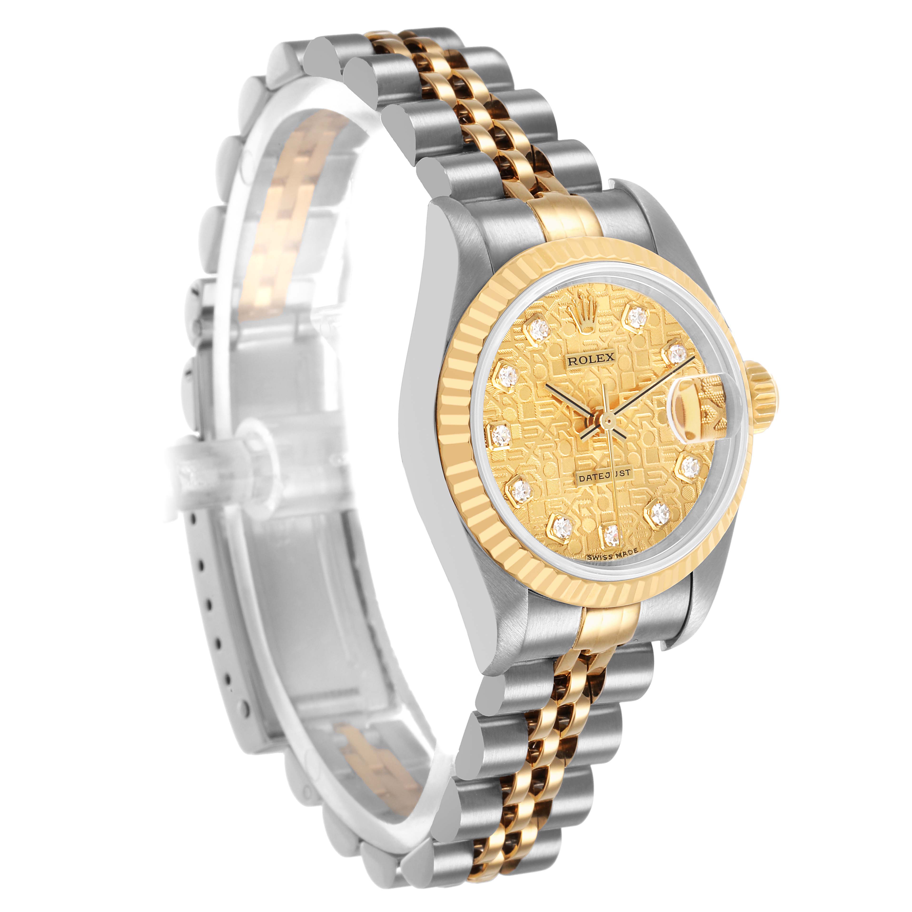 The Rolex Datejust 69173 Women's Steel and Gold (two tone) Champagne Dial watch is shown at a slight side angle, highlighting the dial, bezel, case, and part of the bracelet.