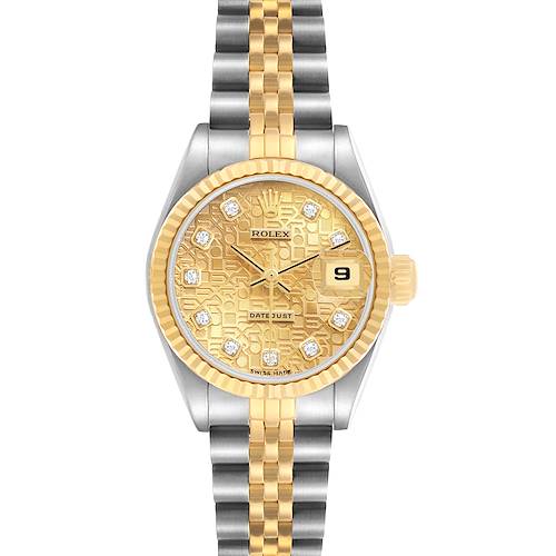 The Rolex Datejust 69173 Women's Steel and Gold (two tone) Champagne Dial watch is shown from the front, highlighting its dial, bezel, and bracelet.