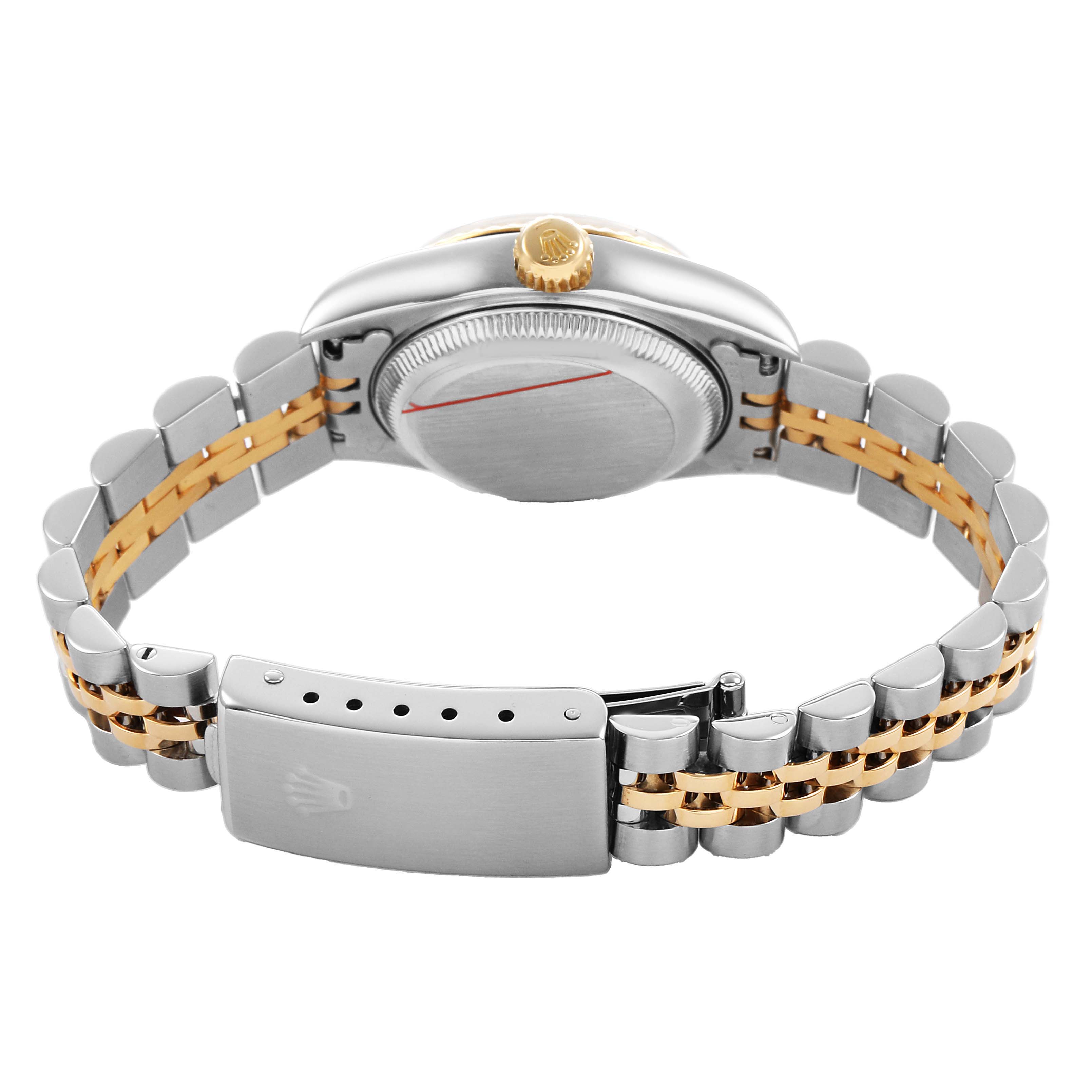 The Rolex Datejust 69173 Women's Steel and Gold (two tone) Champagne Dial watch is shown from the side, displaying the crown, case back, and two-tone bracelet with clasp.