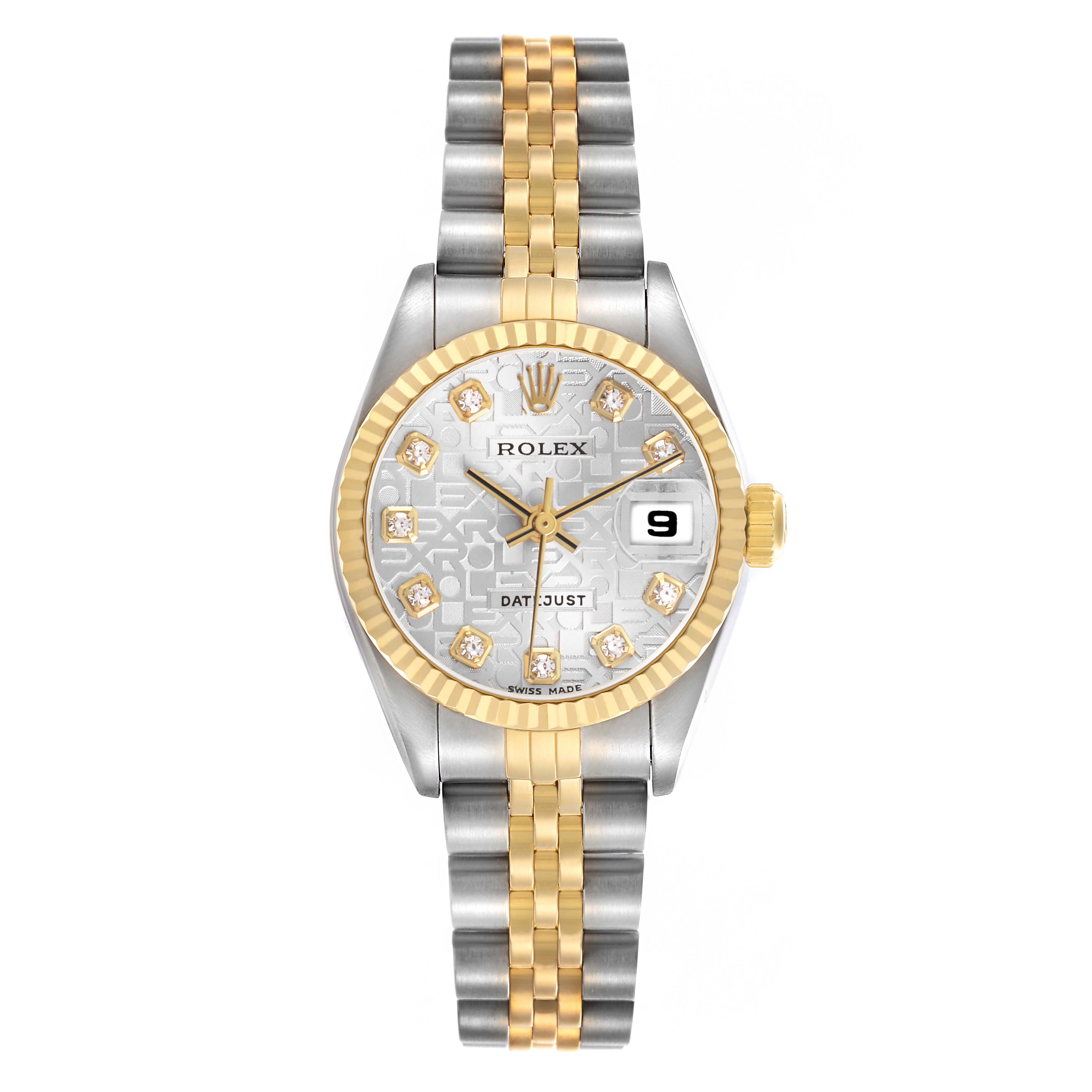 The Rolex Datejust 79173 Women's Steel and Gold (two tone) Silver Dial watch is shown from a top-down angle, highlighting the dial, bezel, and two-tone bracelet.