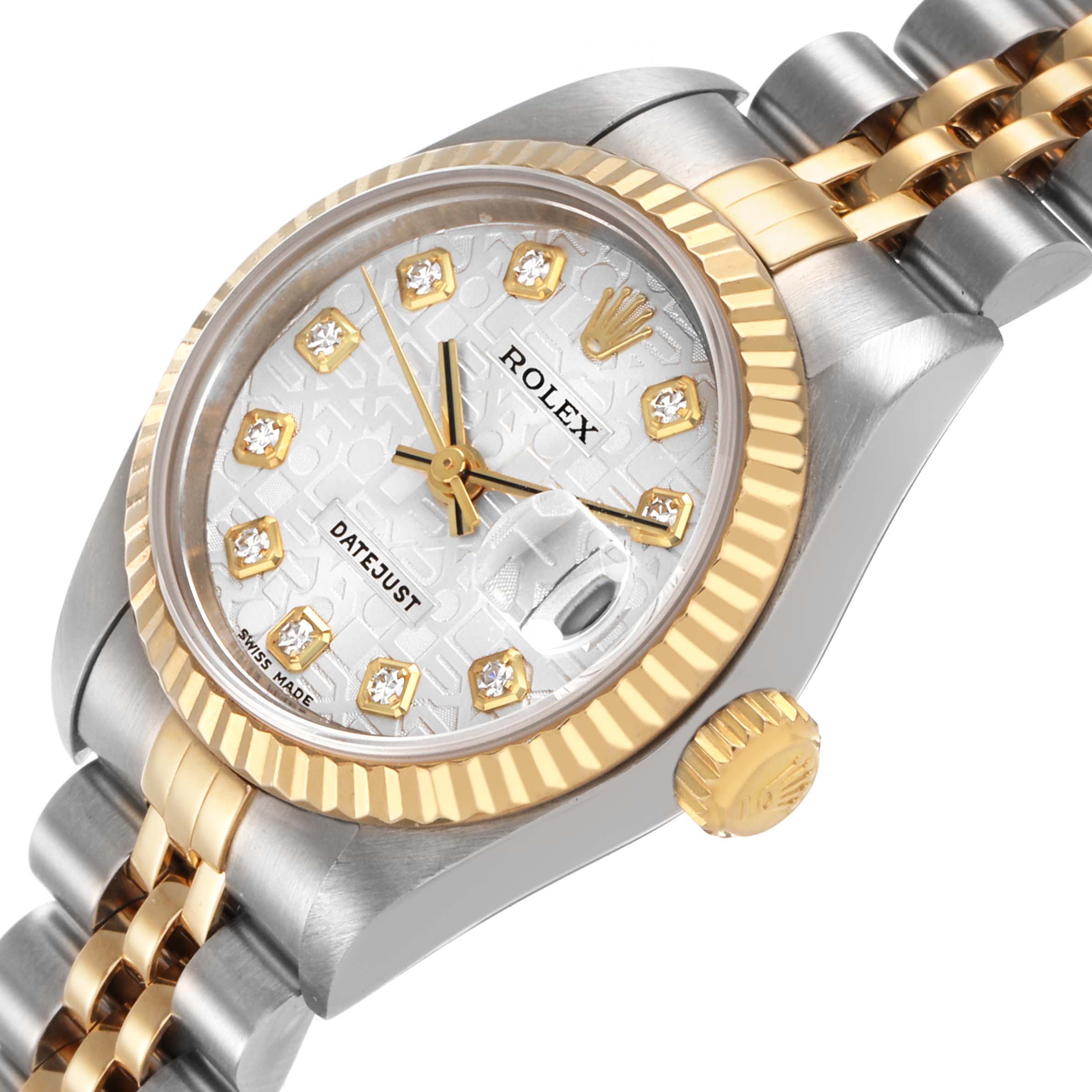 The image shows a Rolex Datejust 79173 Women's Steel and Gold (two tone) Silver Dial watch at an angle, highlighting its gold fluted bezel, diamond markers, and part of the bracelet.