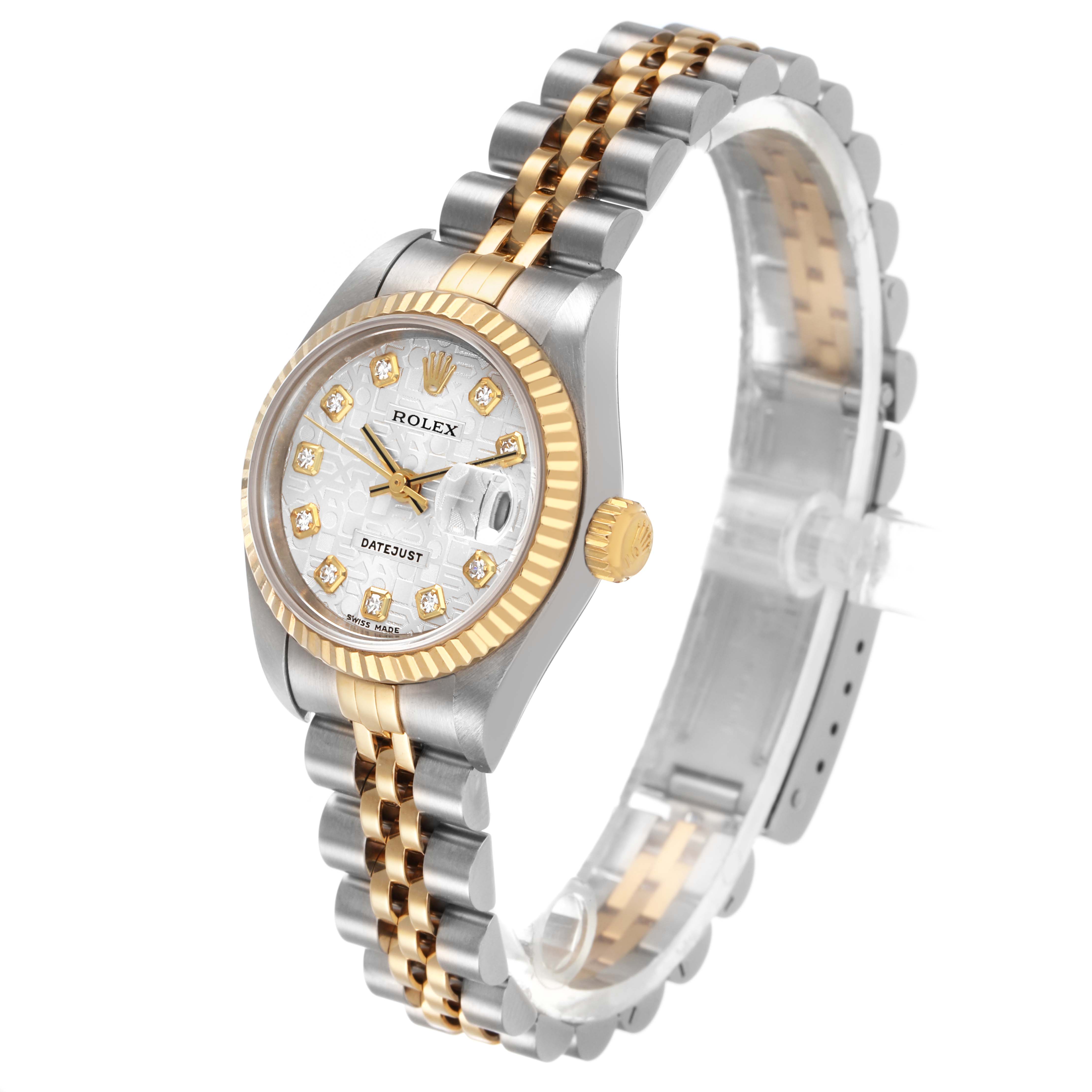 The Rolex Datejust 79173 Women's Steel and Gold (two tone) Silver Dial watch is shown in a three-quarter view, highlighting the bezel, dial, and bracelet.