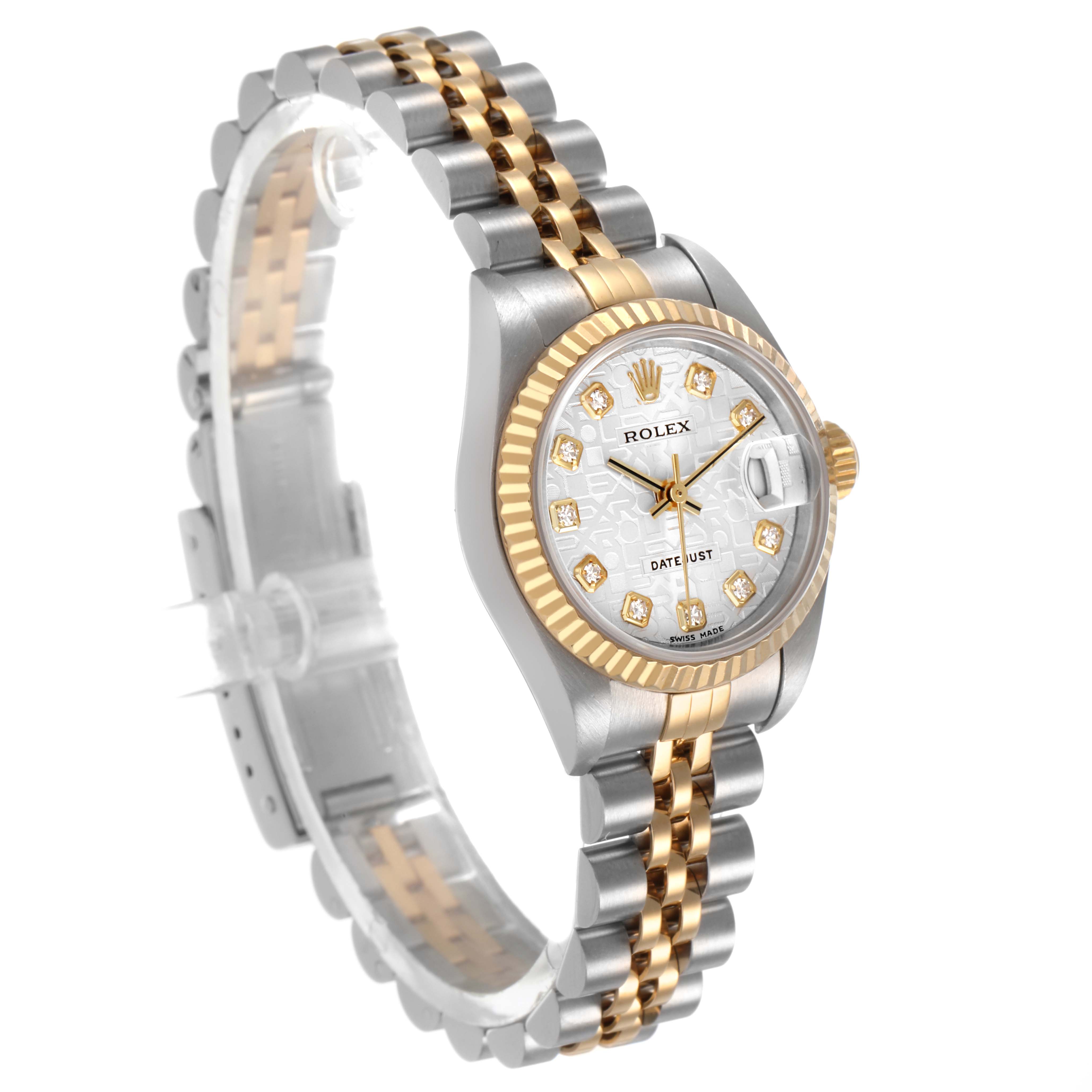 The Rolex Datejust 79173 Women's Steel and Gold (two tone) Silver Dial watch is shown at a slight angle, highlighting its face, bezel, crown, and two-tone bracelet.