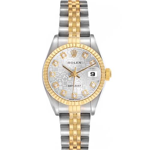 The Rolex Datejust 79173 Women's Steel and Gold (two tone) Silver Dial watch is shown from a front view, highlighting the dial, bezel, and two-tone bracelet.